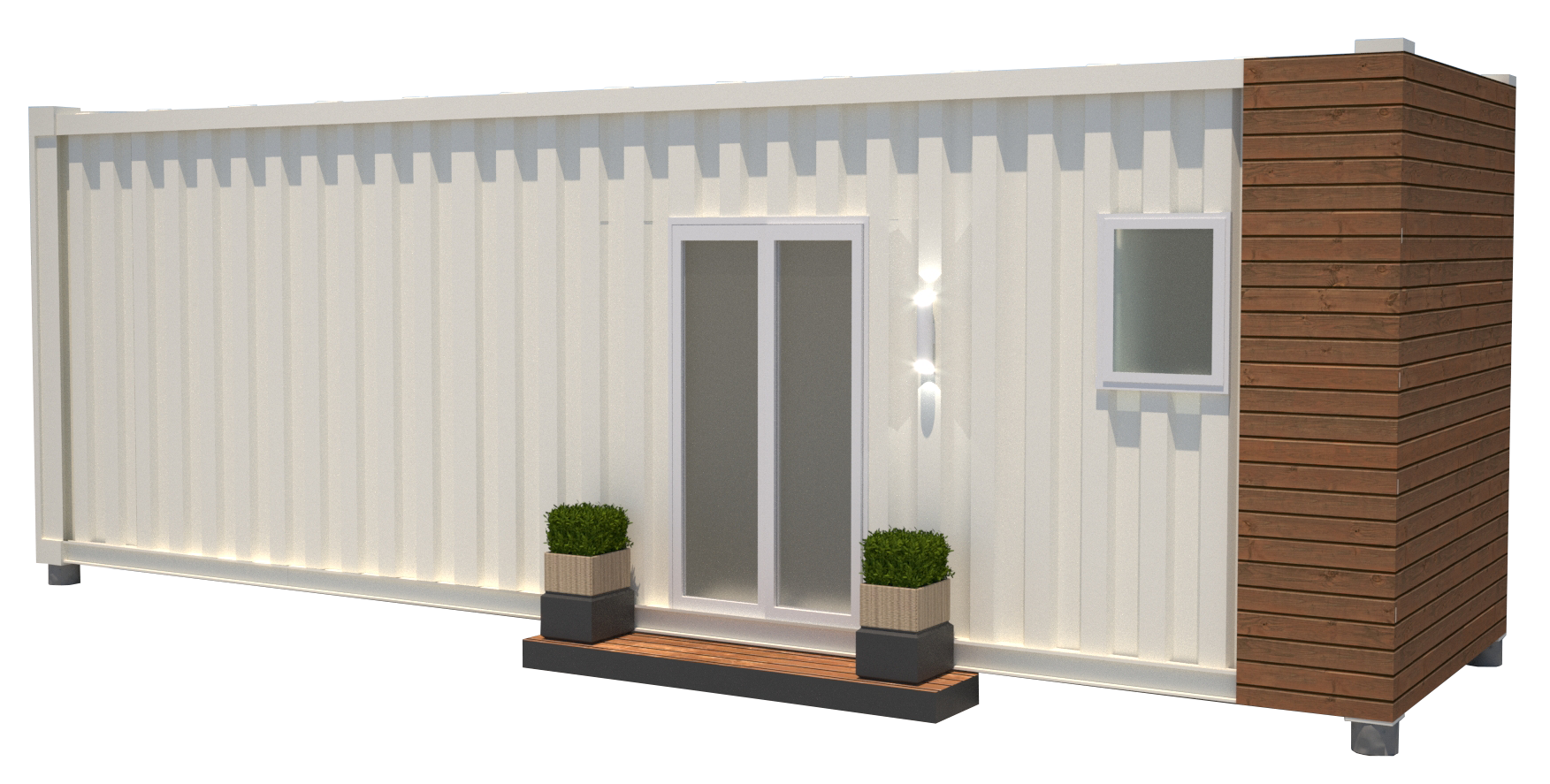 Modern tiny house with white exterior, sliding glass door, small window, wall-mounted outdoor light, and decorative plants on a wooden porch.