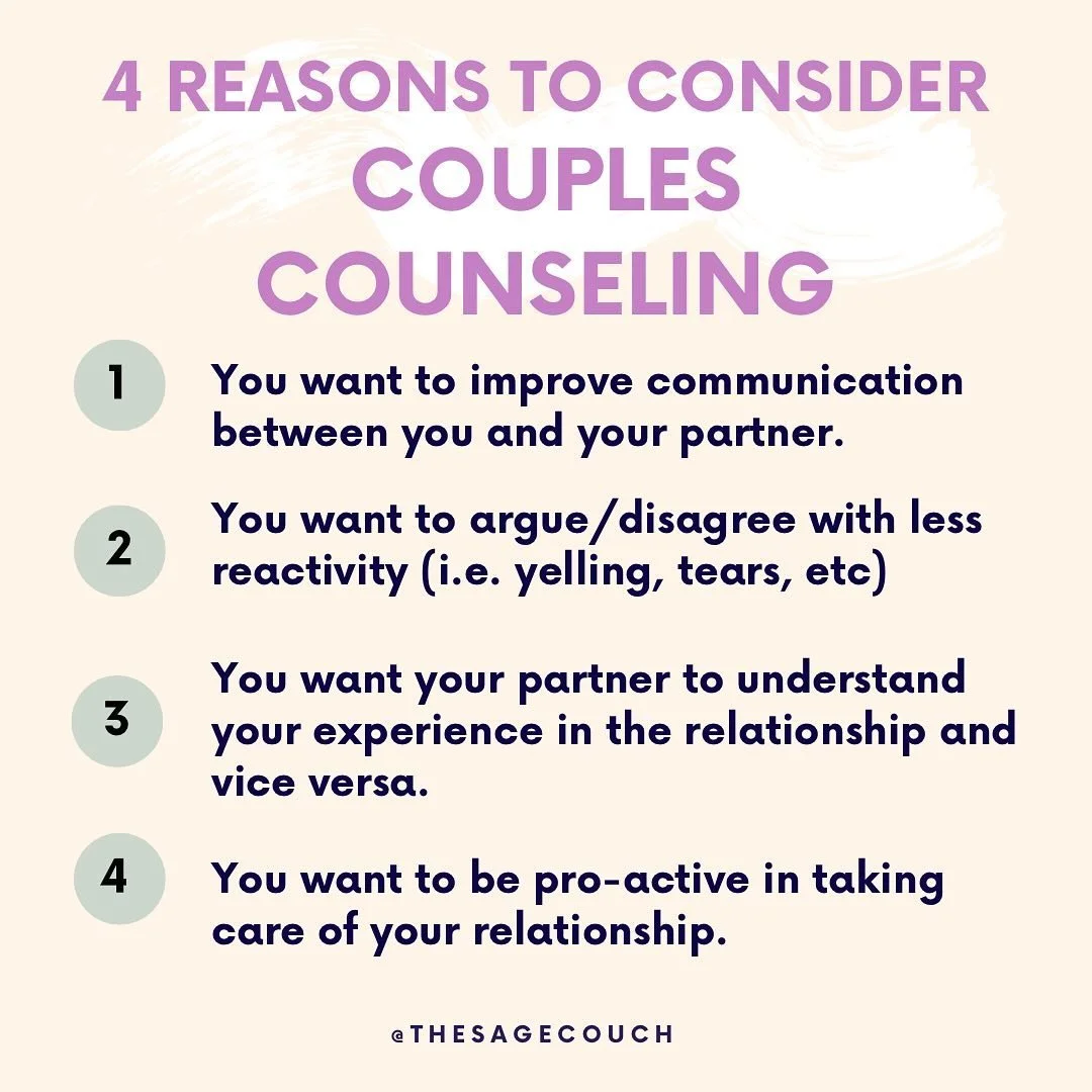 There are many reasons why couples seek counseling, but these are  4️⃣ reasons that focus on WHAT YOU WANT TO SEE in your relationship&mdash;working towards improvement and growth rather than responding to crisis. 

I find that being proactive in see