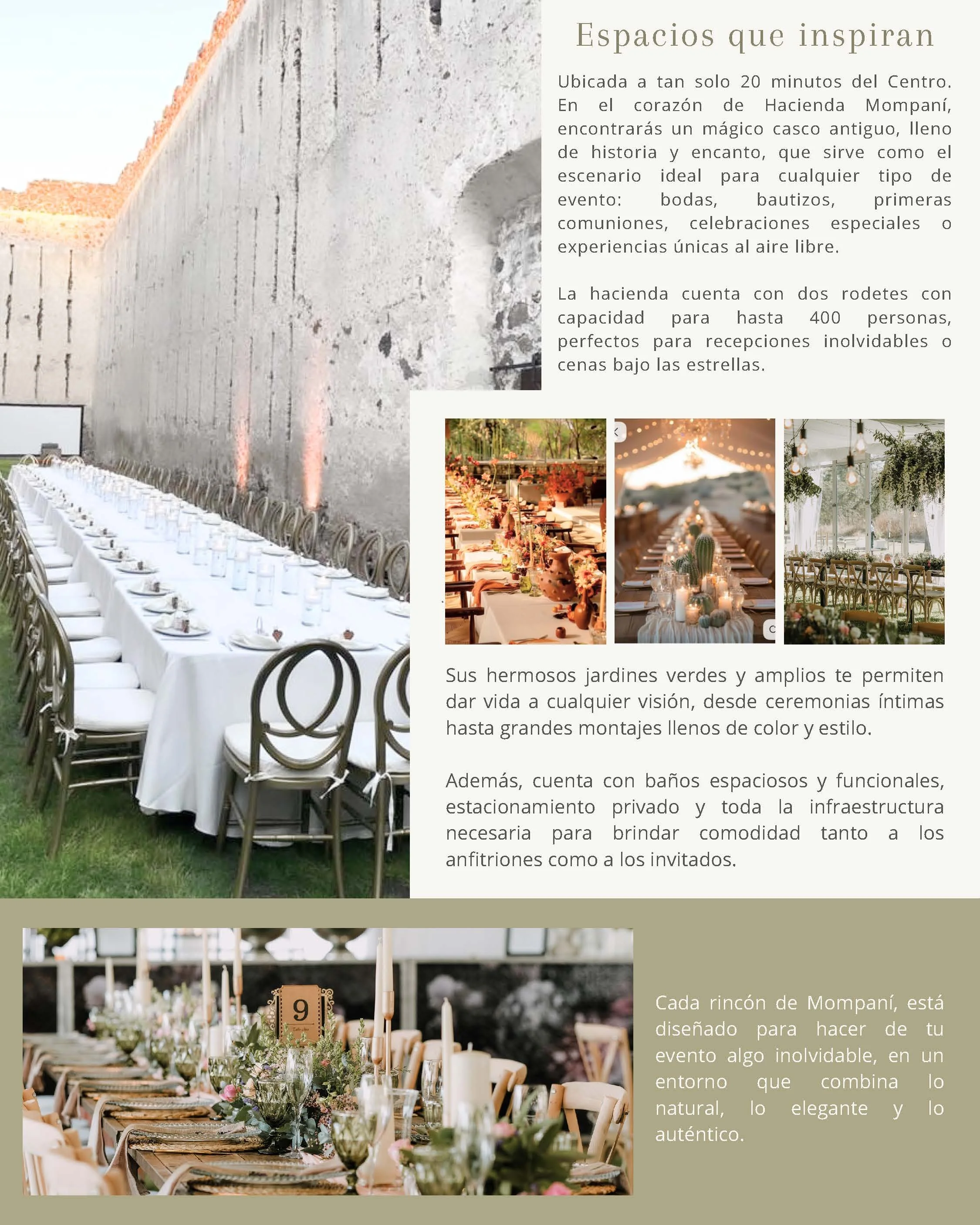 A brochure featuring event spaces at Hacienda Mompani, showing images of decorated tables, gardens, and event setups for weddings or celebrations.