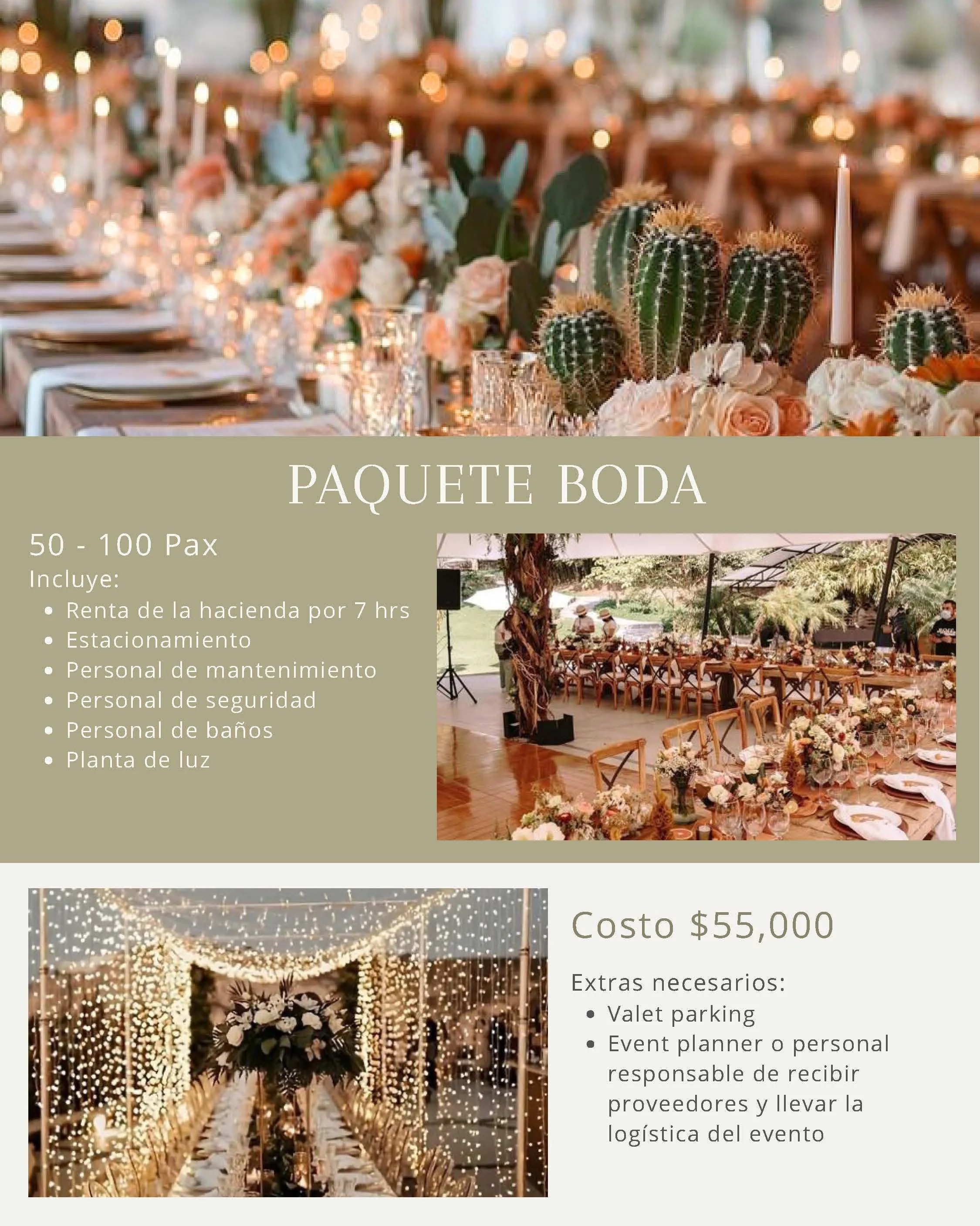 Wedding package flyer with images of a decorated banquet hall, table centerpiece with cacti and roses, and an outdoor event with string lights, offering details for rental of up to 100 guests including accommodation, maintenance, security, bathrooms, and lighting for $55,000.