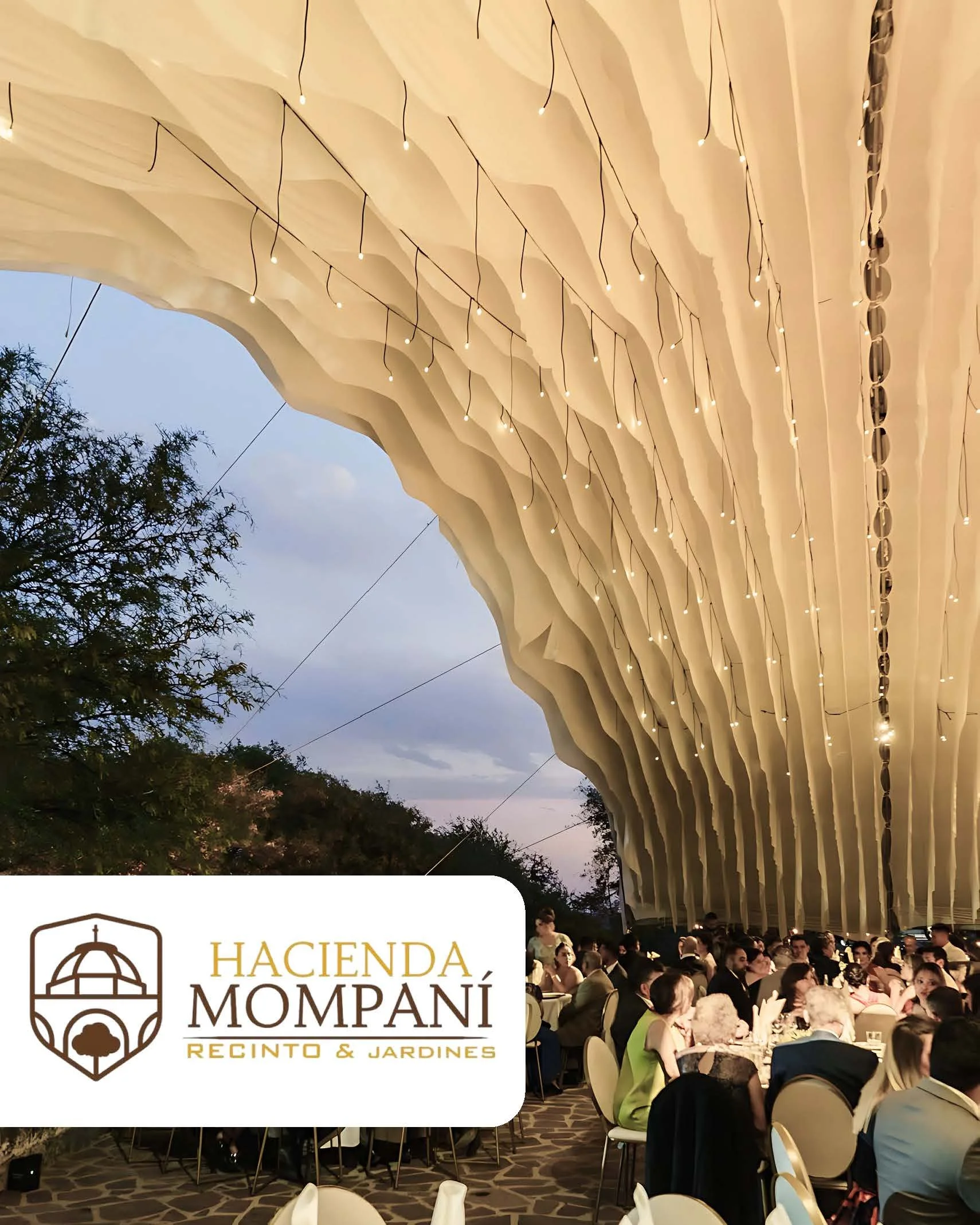 Outdoor event under a white fabric canopy with string lights, with many guests seated at tables, possibly a wedding or celebration at Hacienda Mompani.