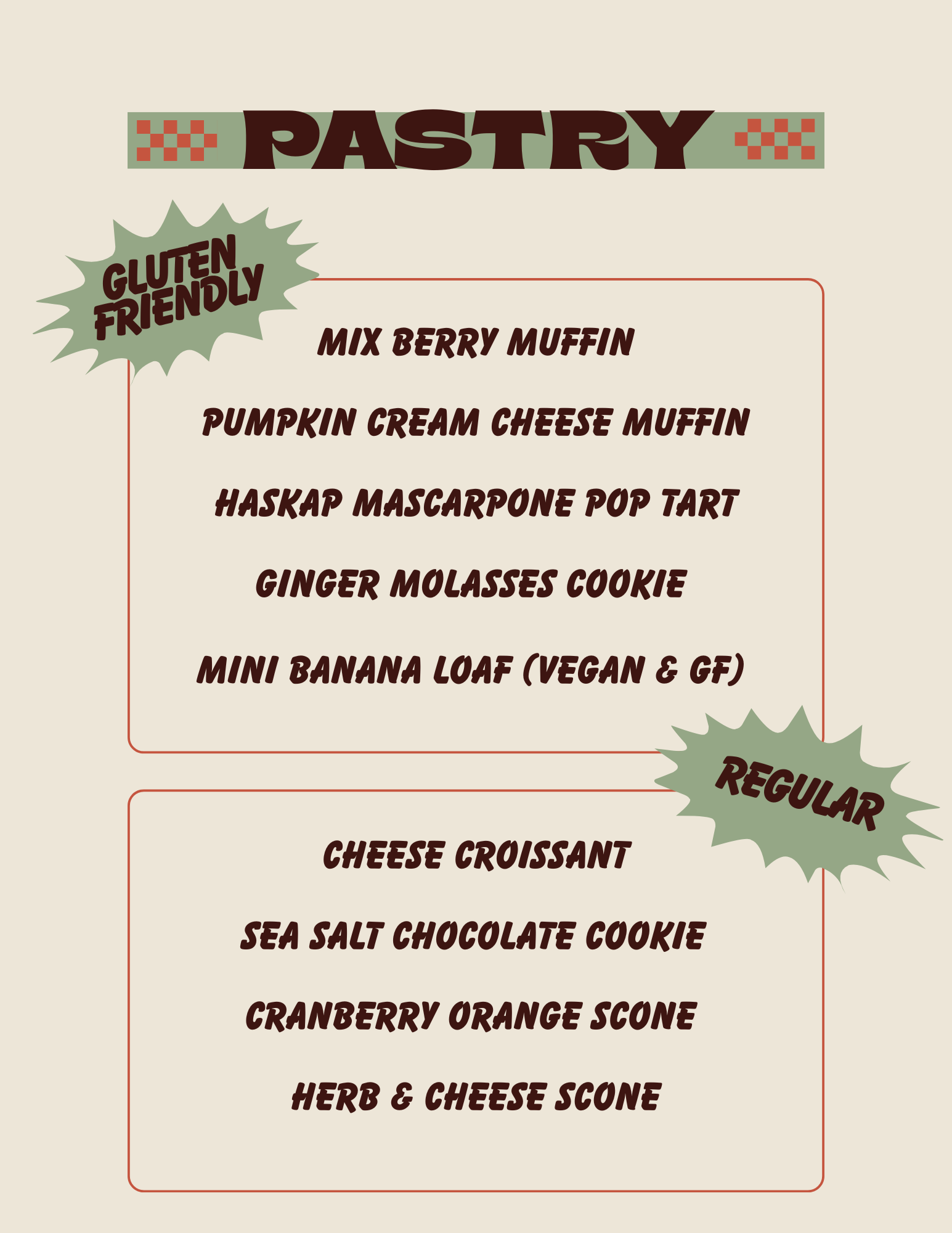 Cream image of Nuestra Pastry Menu with green bubbles that say "gluten friendly" and "regular" and a list of the pastries in black text.