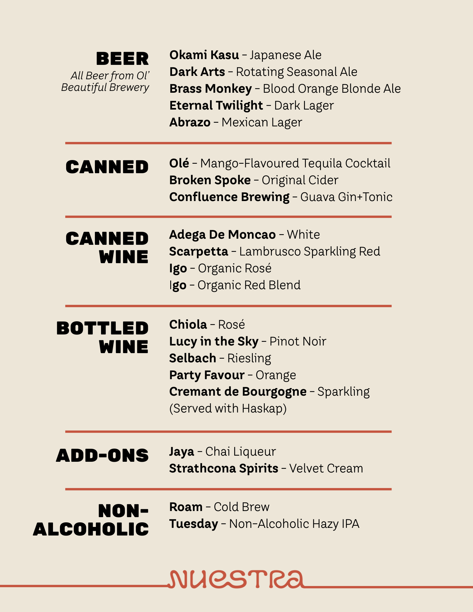 Cream-coloured Nuestra liquor menu with black text.