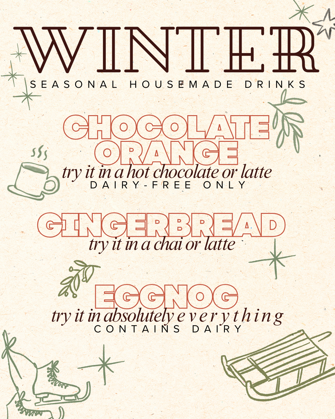 A cream image showing the Nuestra Winter seasonal menu with stylized drawings.
