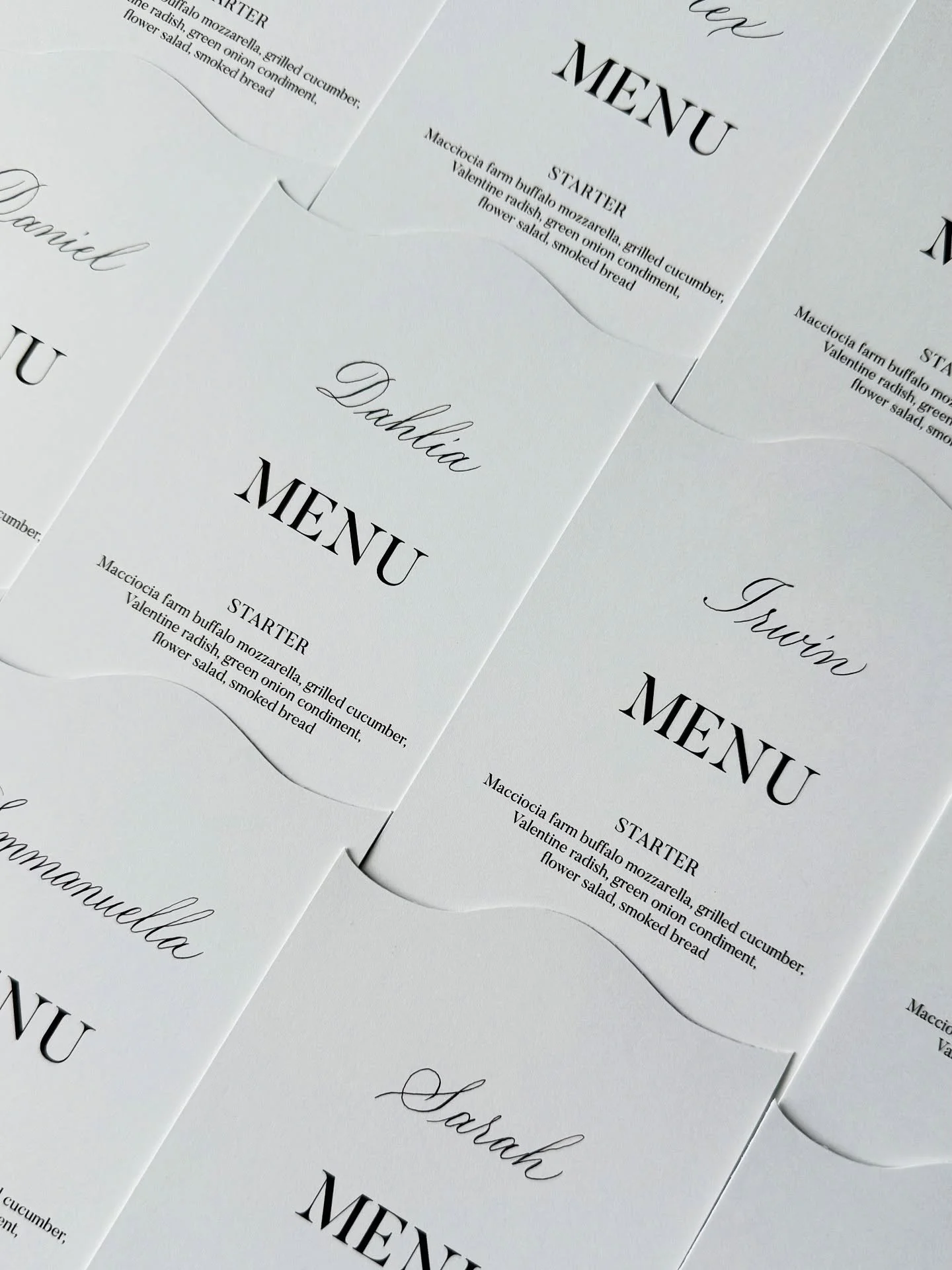 Calligraphing names on menus is one of the most meditative and ultimately satisfying processes for me. I love the simple beauty of first names and as I lined up these menus to dry on my rack, the curved edges made a gentle wave on my desk. 🤍

Event 