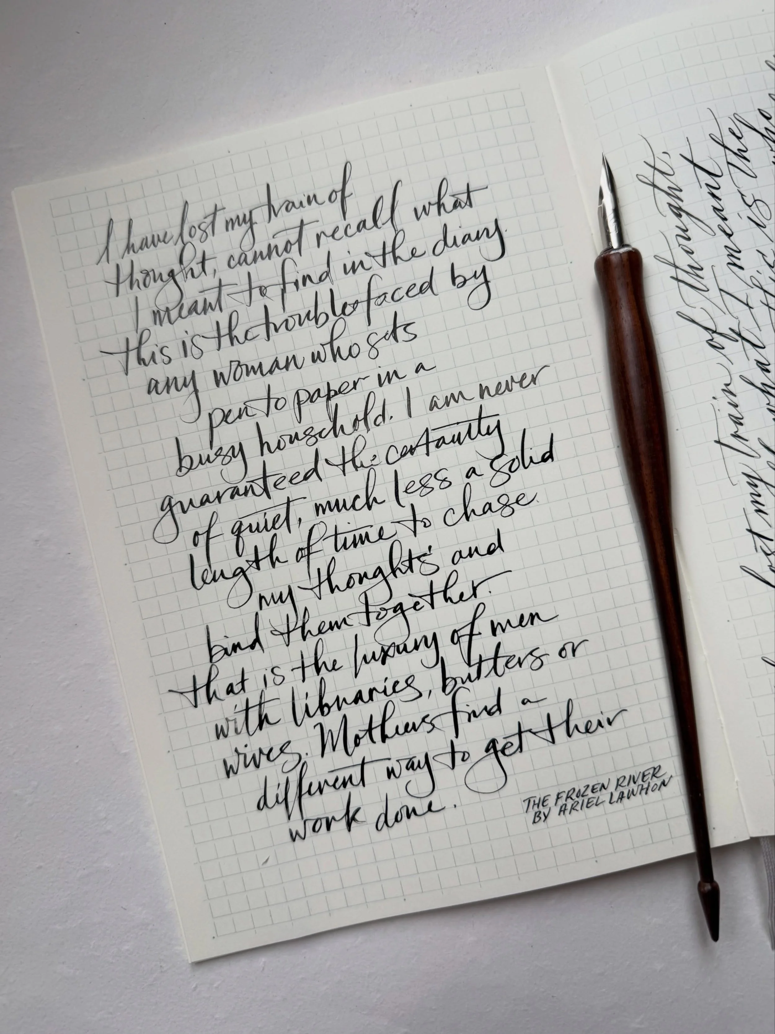 Experimenting with loose and hurried cursive, reflecting on the words of author Ariel Lawhon. 

In her book &ldquo;The Frozen River&rdquo;, the main character Martha is a midwife and keeps a daily diary, a habit that becomes a key part of the plot. I