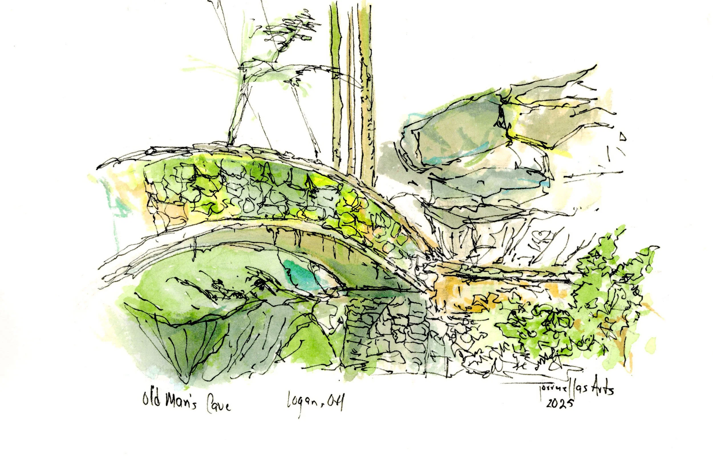 Old Man’s Cave
Medium: mixed media (Watercolor, pencils and black Ink)
Size: 6”x 9”
Year: 2025  
