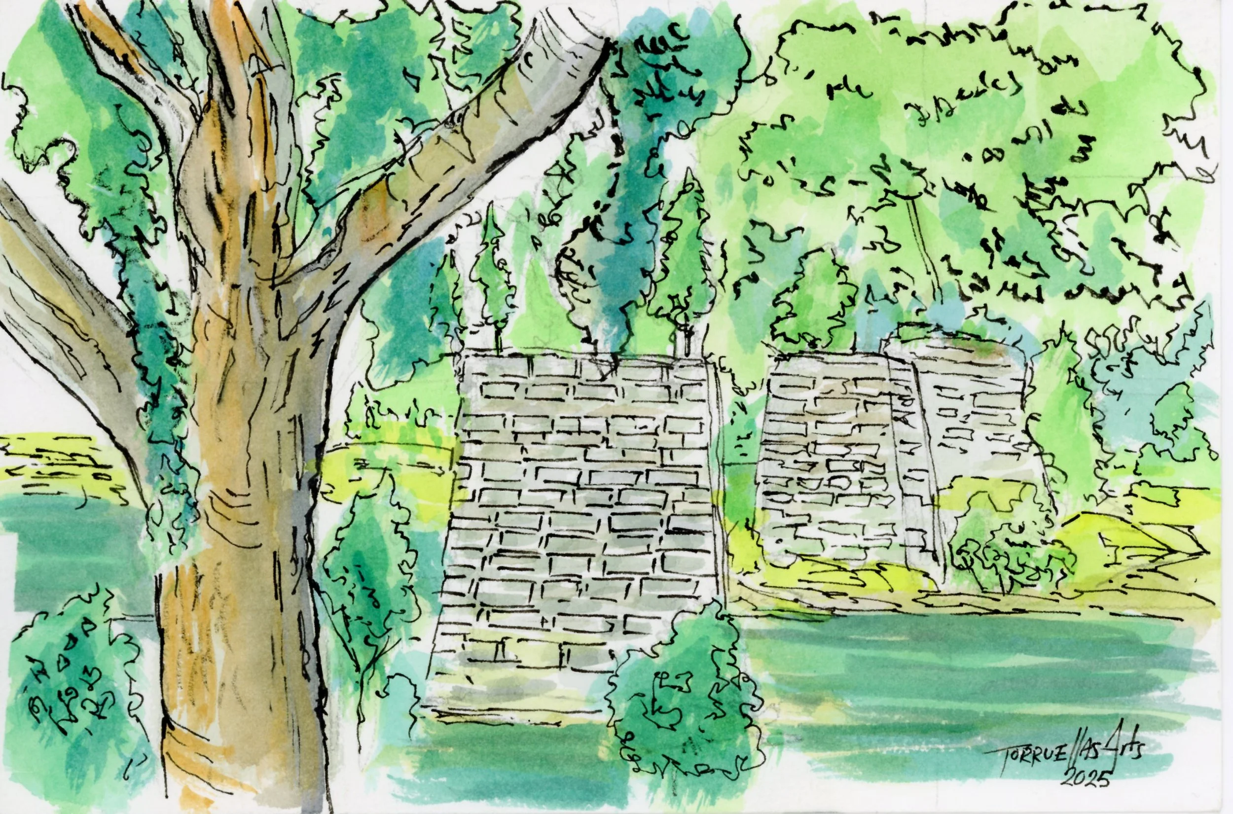 Old Bridge Pillars. 
Medium: mixed media (Watercolors, pencils & ink)
Size: 6”x 9”
Year: 2025 
