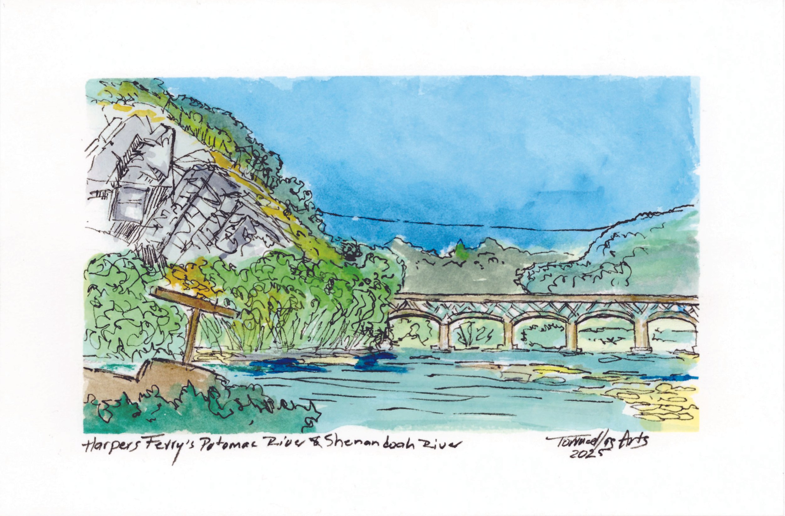 Potomac & Shenandoah River 
Medium: mixed media (Watercolors, pencils & ink)
Size: 6”x 9”
Year: 2025 