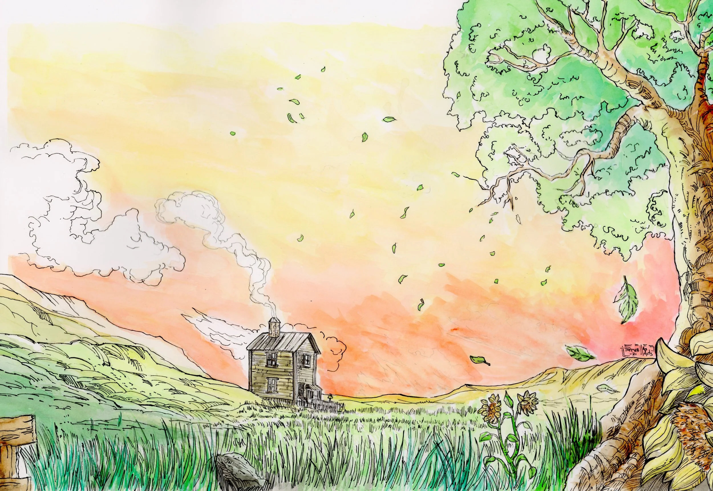 Farmhouse Illustration
Medium: Mixed Media (Watercolor, inks, pencils)
Size: 12” x 17”
Year: 2021 
