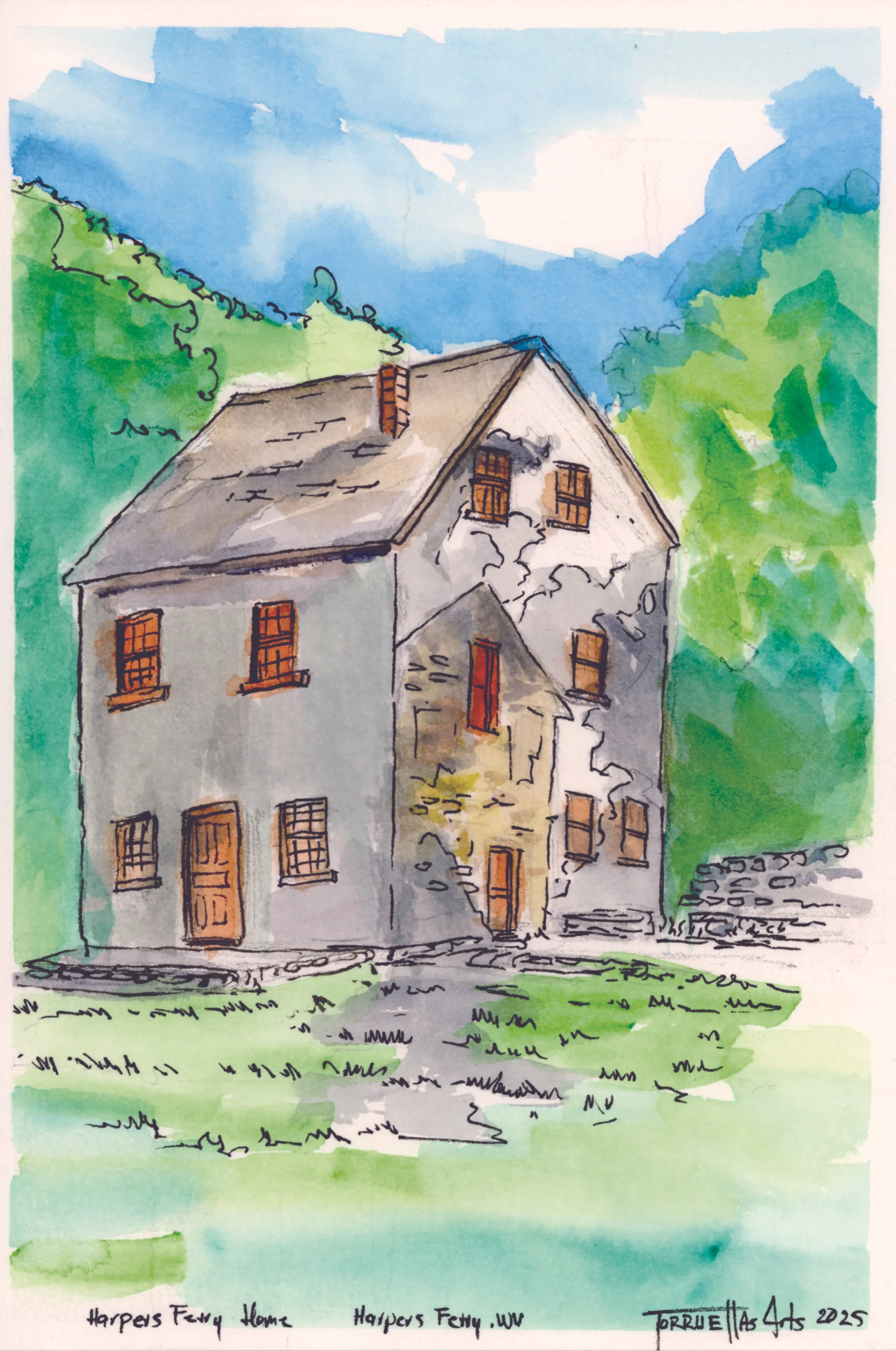 Harpers Ferry House 
Medium: mixed media (Watercolor, pencil & black ink). 
Size: 9”x 6”
Year: 2025 
