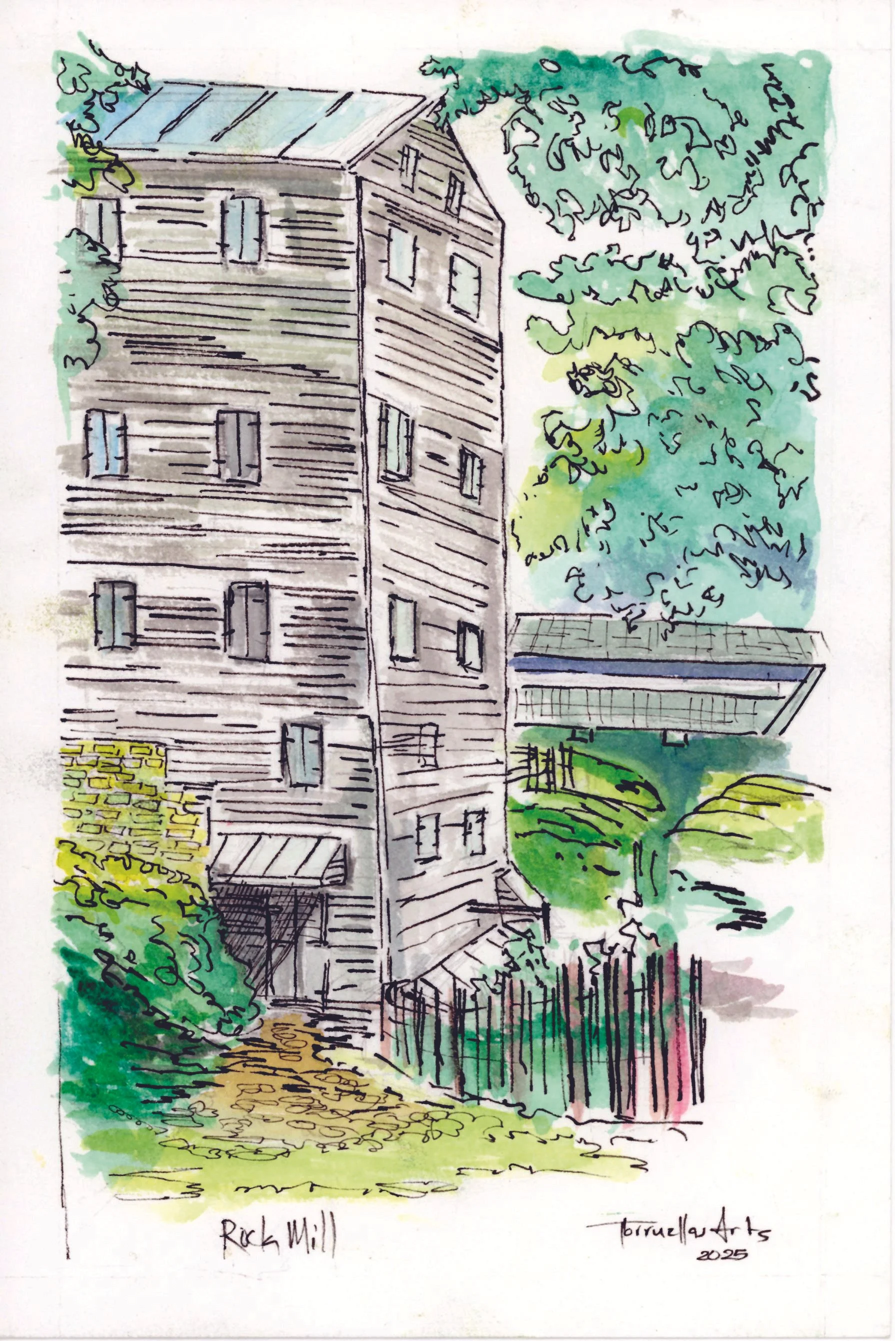 Rock Mill 
Medium: mixed media (Watercolor, pencils, and black ink)
Size: 6”x 9”
Year: 2025
