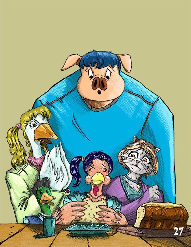 The Little Red Hen reimagined in 90s.
Original Story by Mary Mapes Dodge, 1874
Page sample: 8.5" x 11" 
Year: 2026
Digital