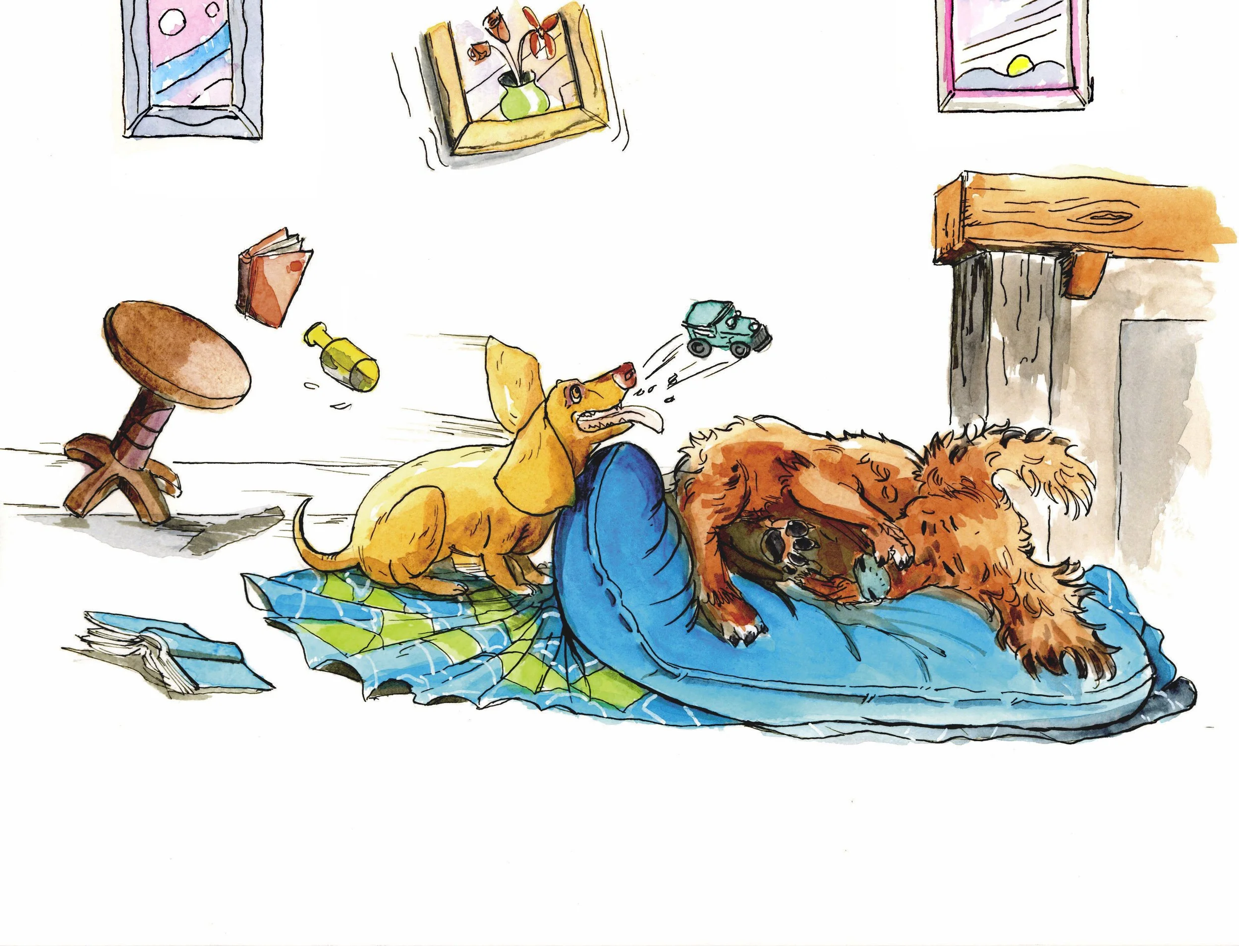 Beanie The Weenie Series: Frank the Tank. 
Media: pencils, waterproof ink, watercolor paints over watercolor paper cold press. 
Year: 2025
Book published by Author Gretchen K. Webber.