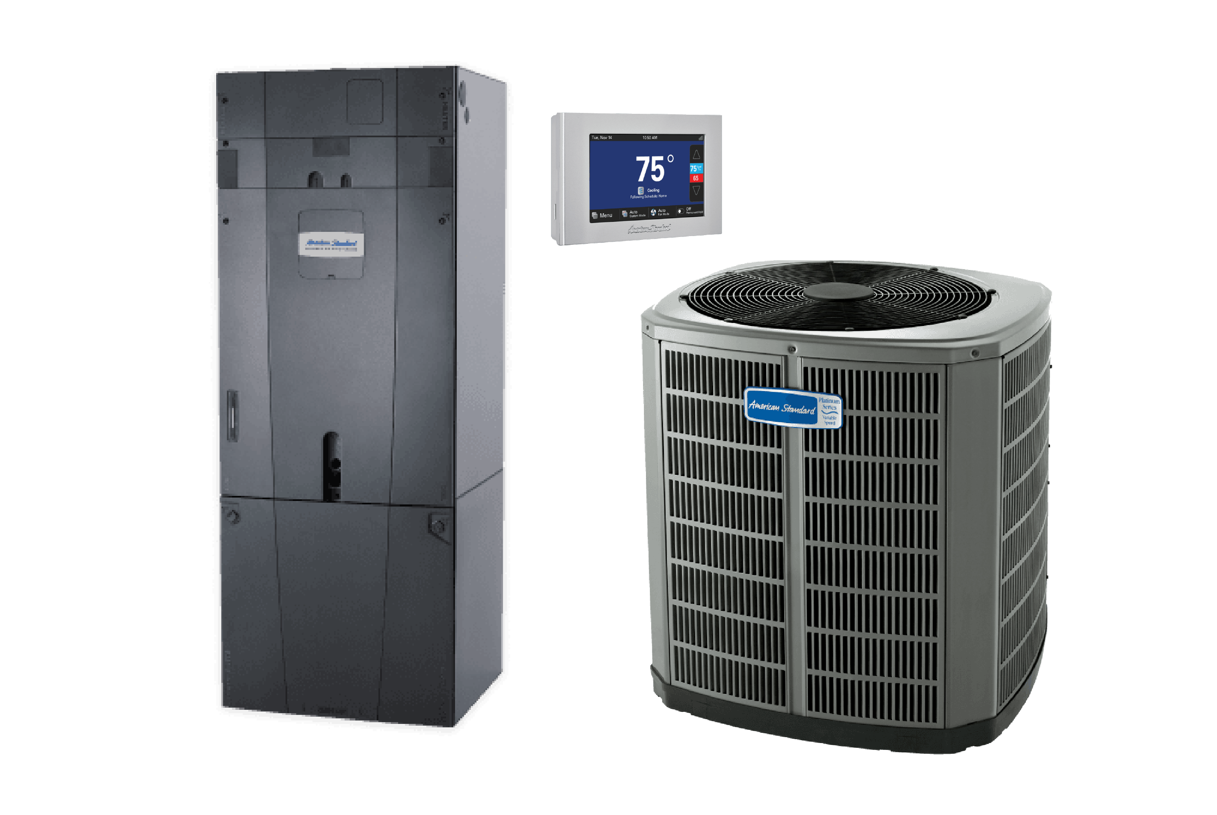 Complete forced air cooling system featuring outdoor air conditioner, indoor air handler, and smart thermostat — part of Royal Serve’s central air installation services in Monroe County, NY