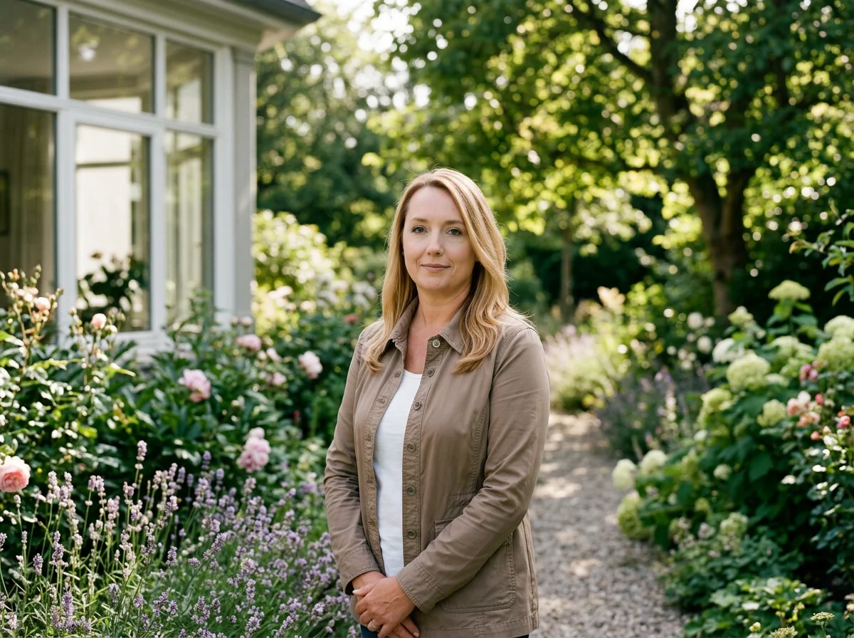Lauren Renz, PLA, landscape architect and founder of Verdi Landscape Design, seated in a thoughtfully designed garden.