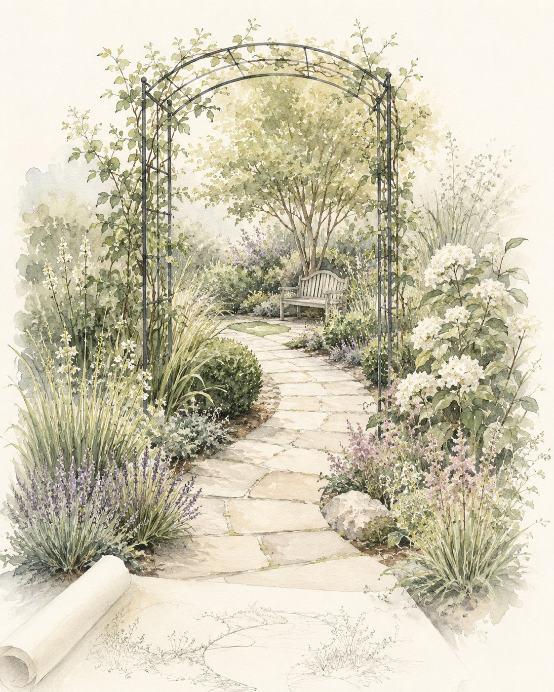 Garden photographs, site notes, and a landscape sketch arranged for a personalized garden-design consultation.
