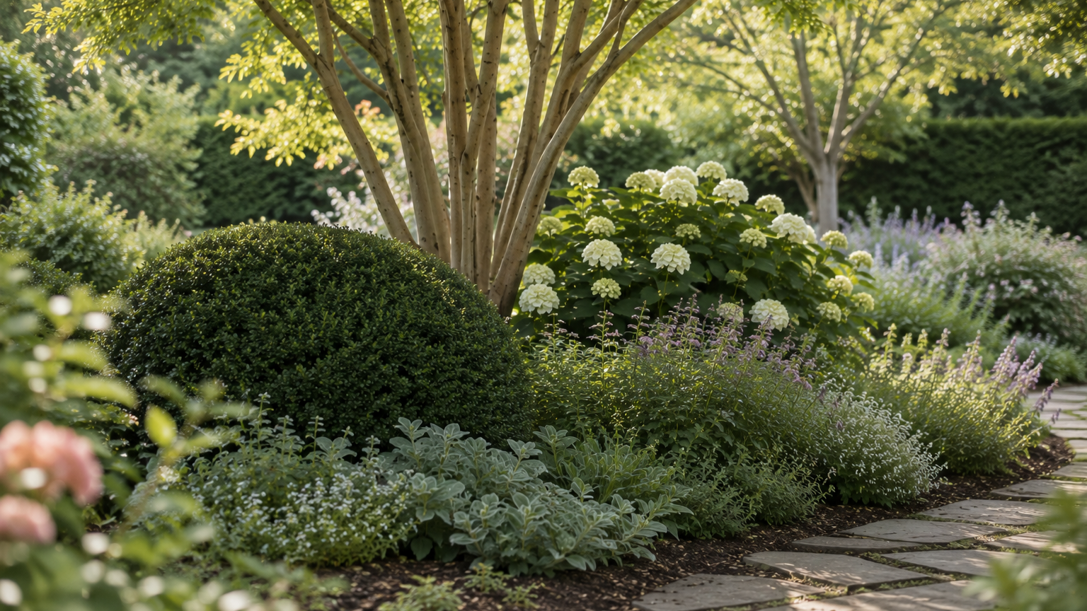 Thoughtfully designed garden with layered planting, a welcoming path, and a defined destination for gathering and rest.