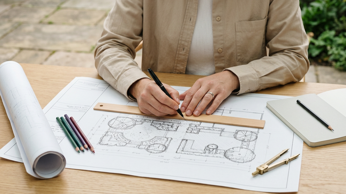 Lauren Renz developing a garden plan with landscape drawings, planting references, and design materials.