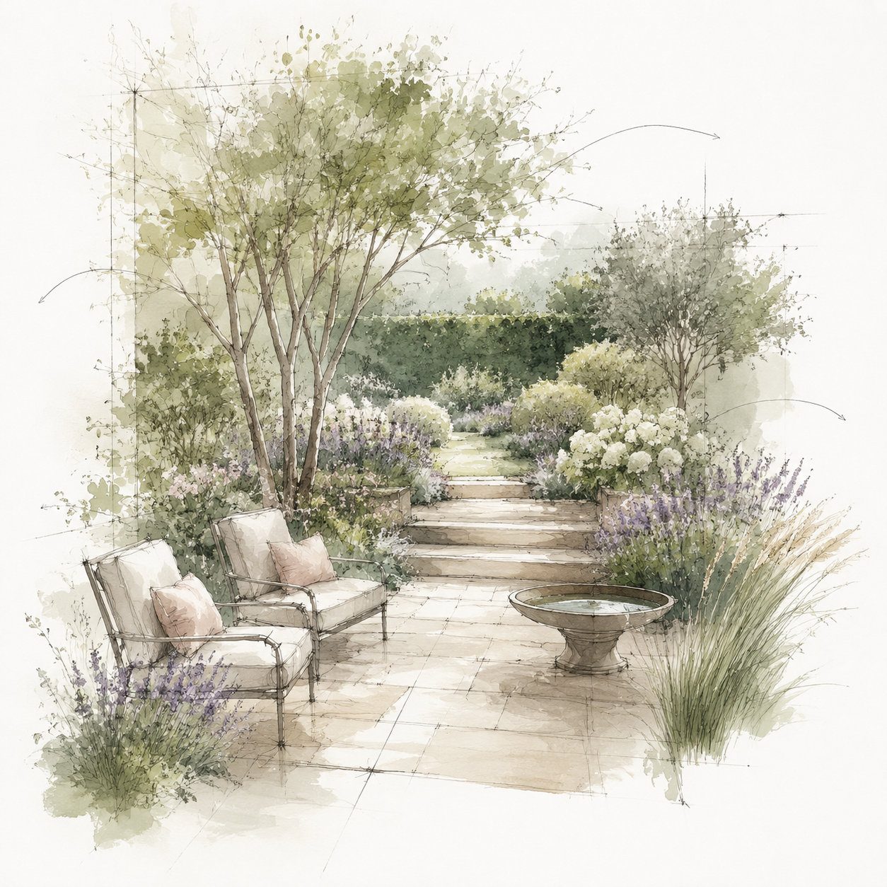 Personalized garden vision illustration showing planting, materials, and outdoor-living ideas applied to a homeowner’s space.