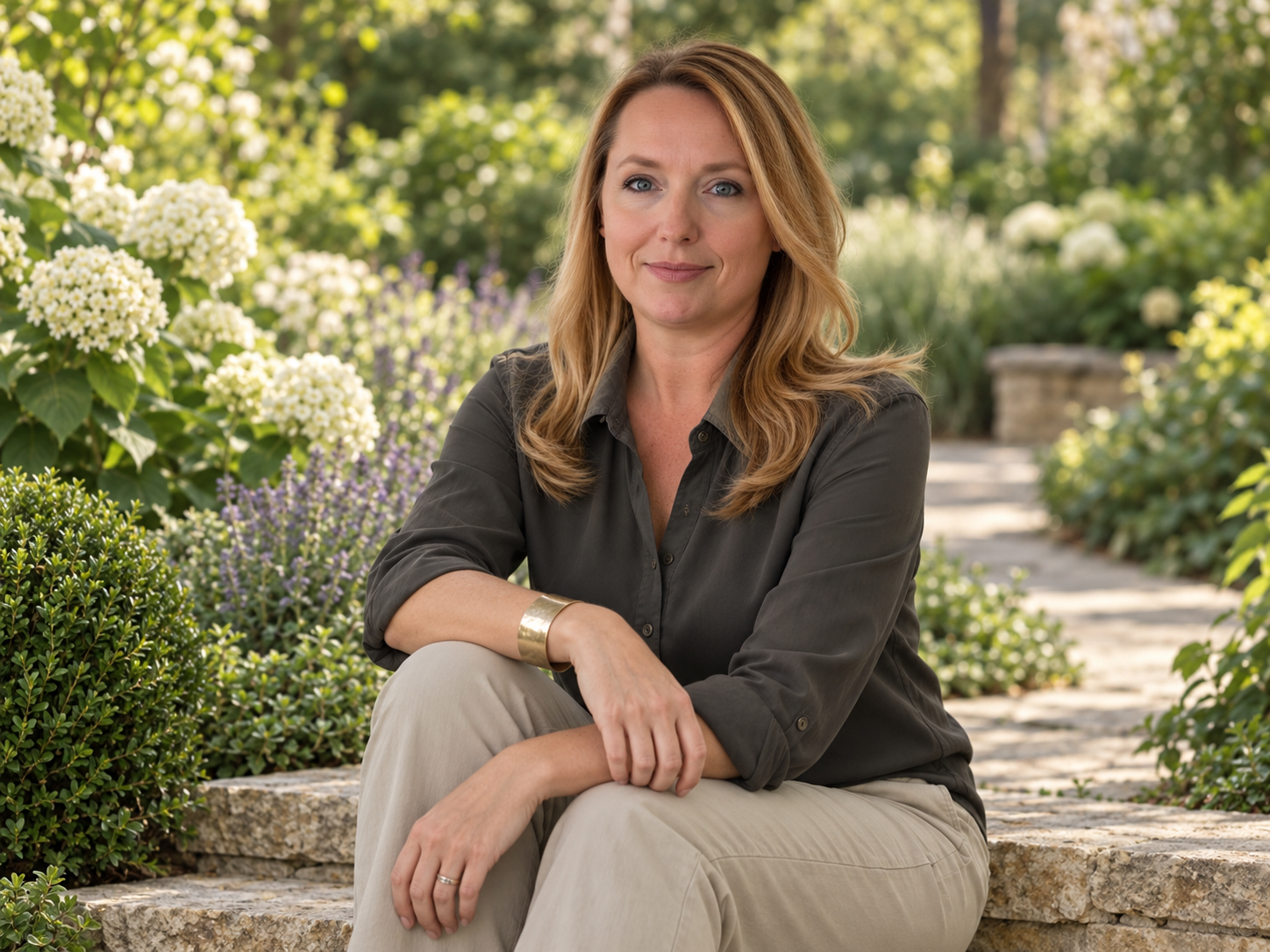 Lauren Renz, PLA, landscape architect and founder of Verdi Landscape Design, seated in a thoughtfully designed garden.