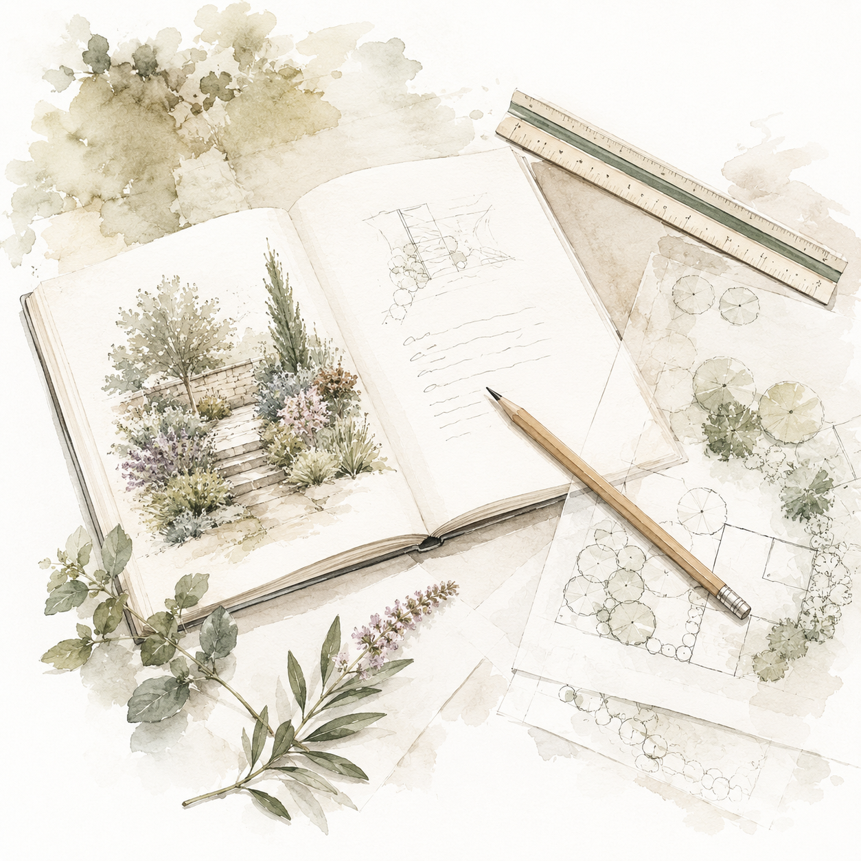Landscape architect reviewing garden plans and planting ideas to provide personalized professional guidance.