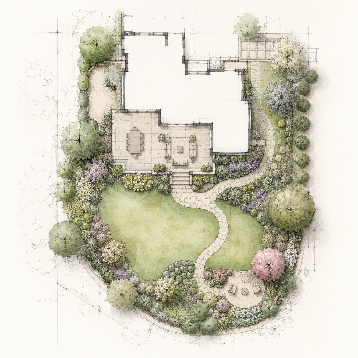 Custom landscape plan showing the arrangement of planting beds, paths, outdoor spaces, and selected plants.