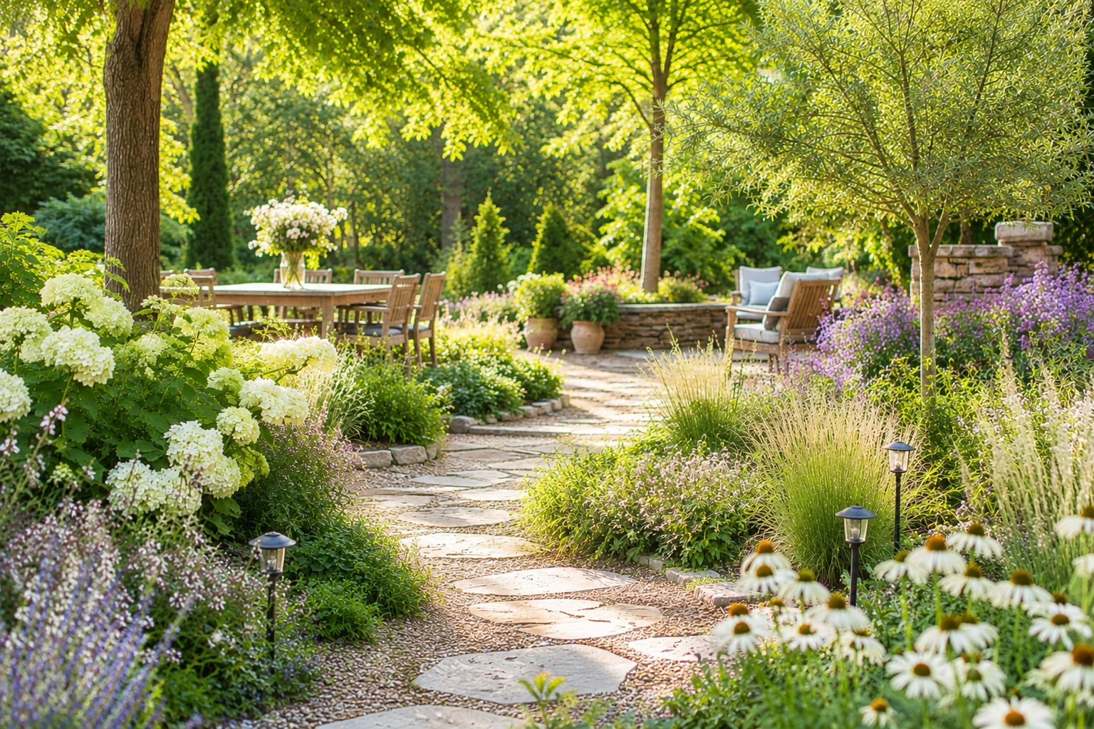 Flourishing layered garden with mature planting and an inviting place to gather, representing the Grow stage of the Verdi garden-design journey.