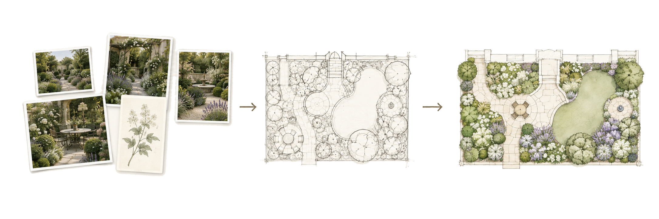 Garden inspiration images gathered into a cohesive vision, illustrating the transition from scattered ideas to a clear garden-design direction.