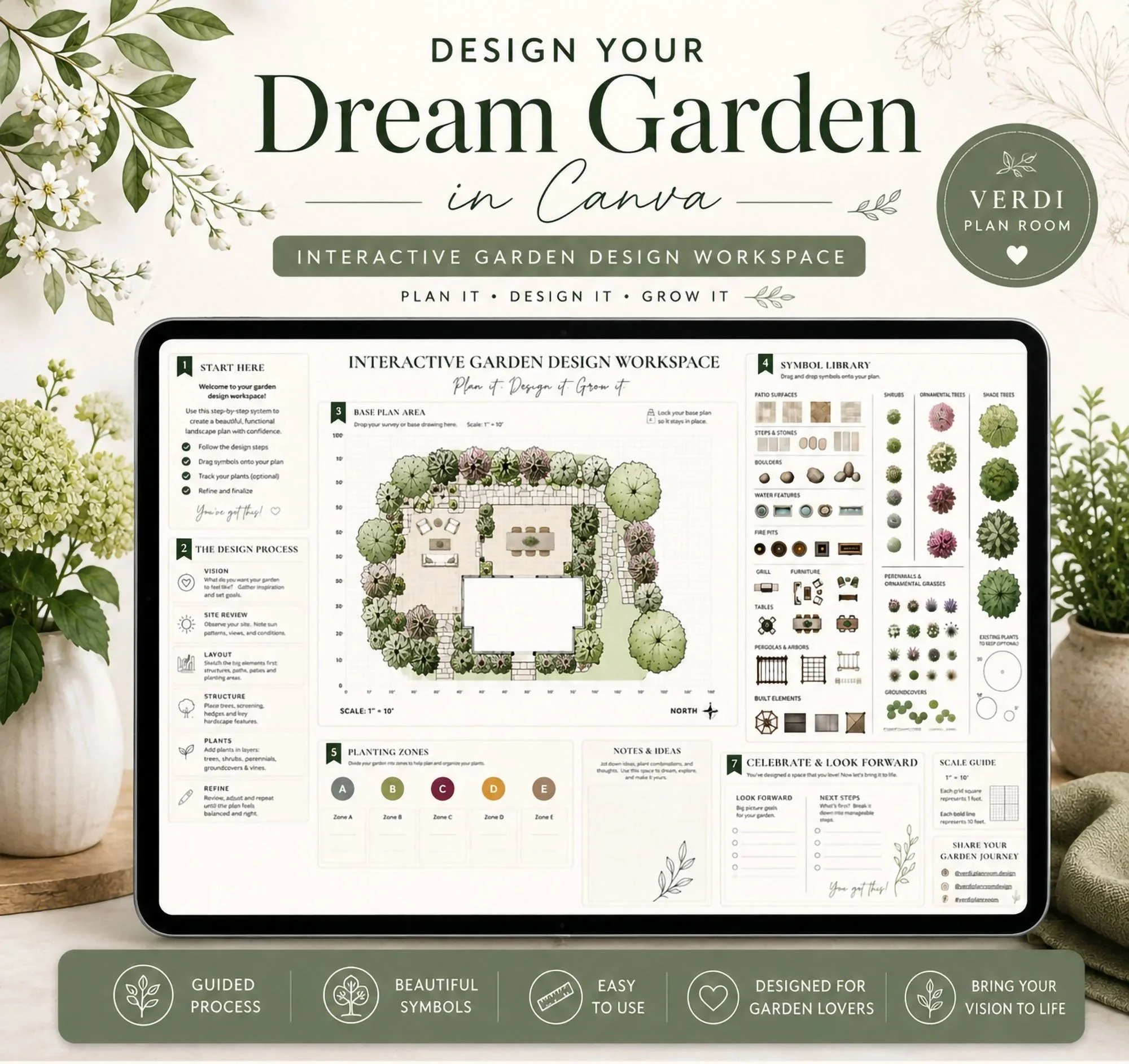 Watercolor garden illustration showing a cohesive outdoor space with layered planting, a garden path, and an inviting seating destination.