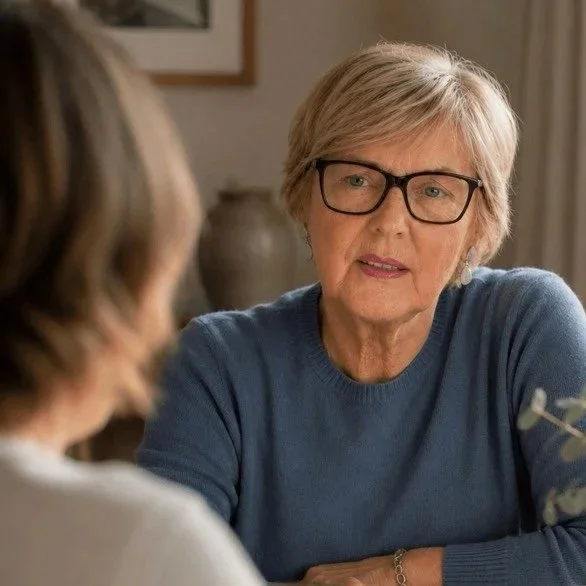 A woman with short gray hair and glasses talking to a young girl with blonde hair, in a cozy indoor setting.