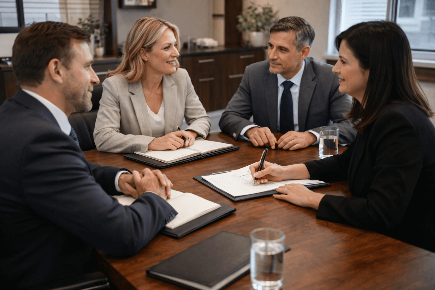 Five professionals in business attire having a meeting around a table in an office.