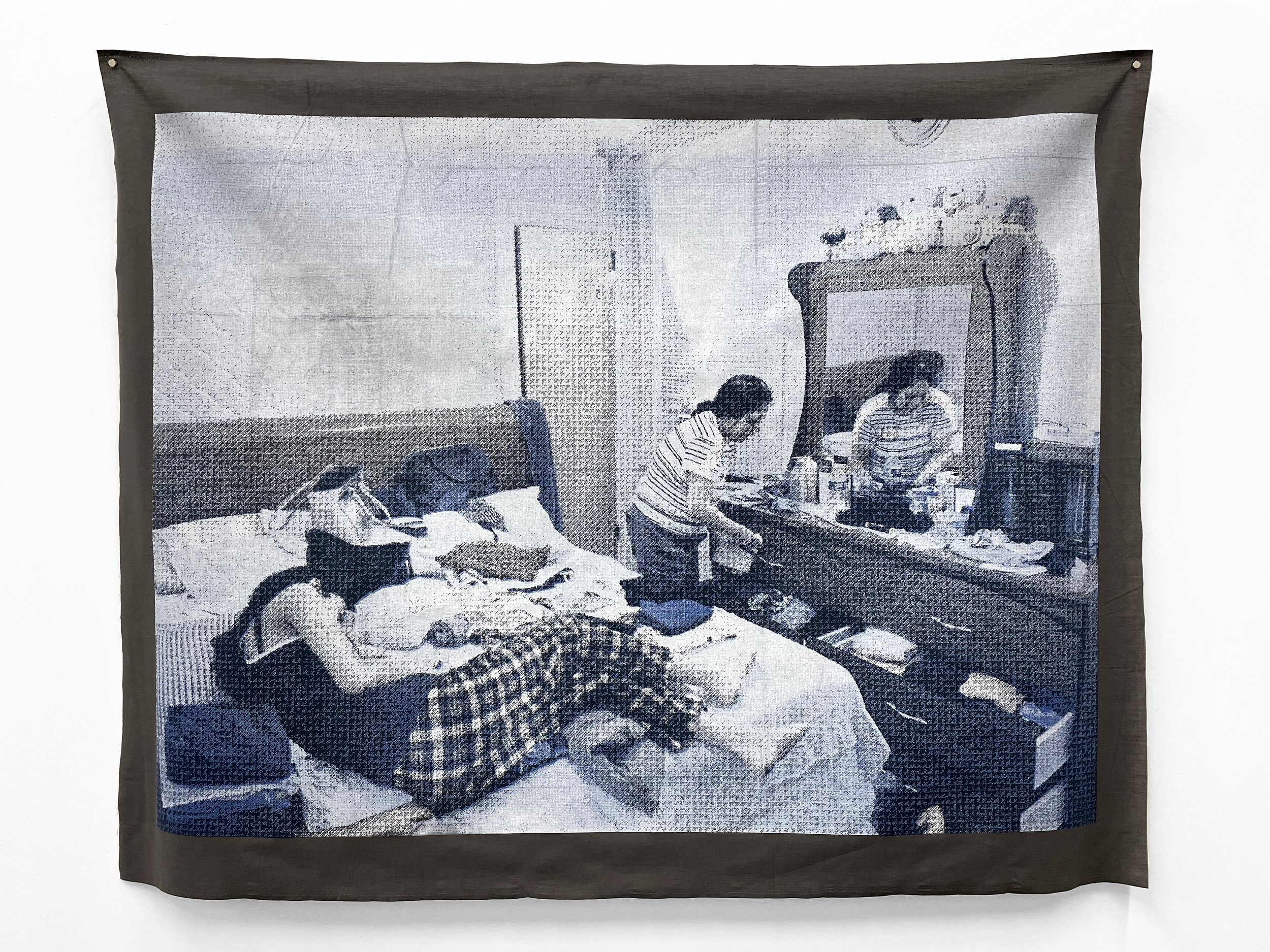    In Grandma’s room  , 2021, Duo-tone silkscreen on poly-cotton fabric, 44” x 55.5” 