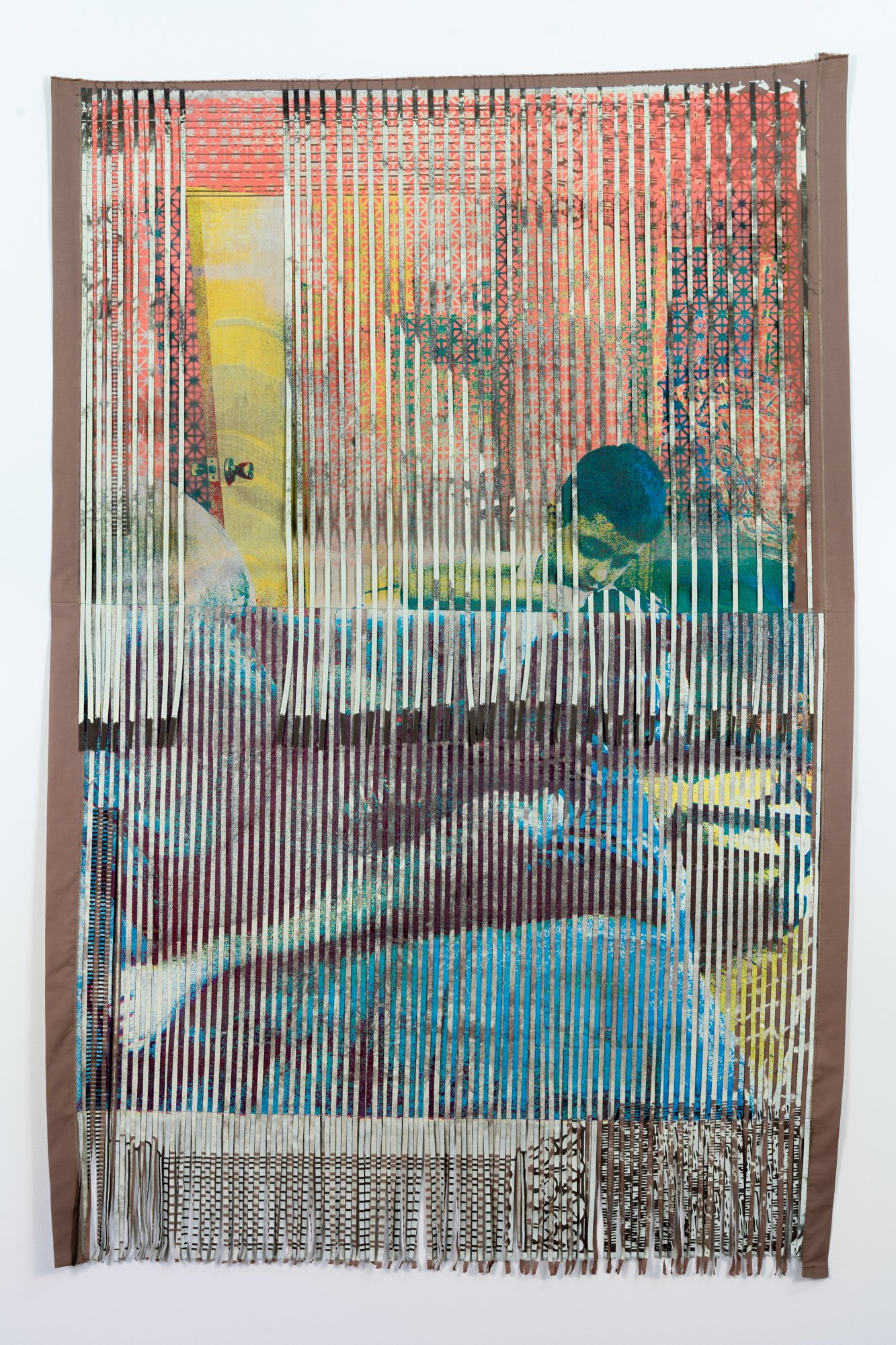    Adrian–holding on to a thread  , 2022, Quilted strips of screenprinted fabric, spray painted stencil, 60” x 40”  