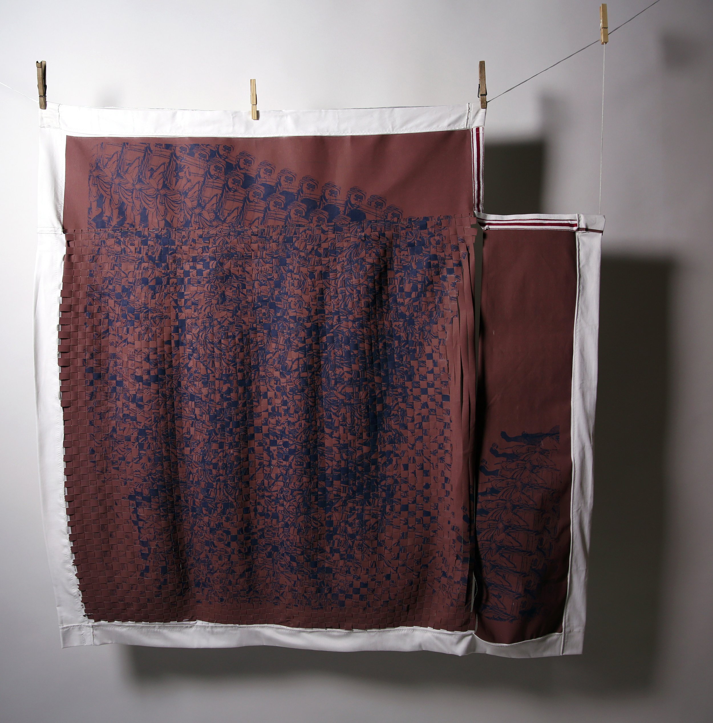    The Untouchables: 12 Hour Shift  , 2018, handwoven screenprint on cotton uniform fabric, restaurant napkin, 3’ x 3’ 