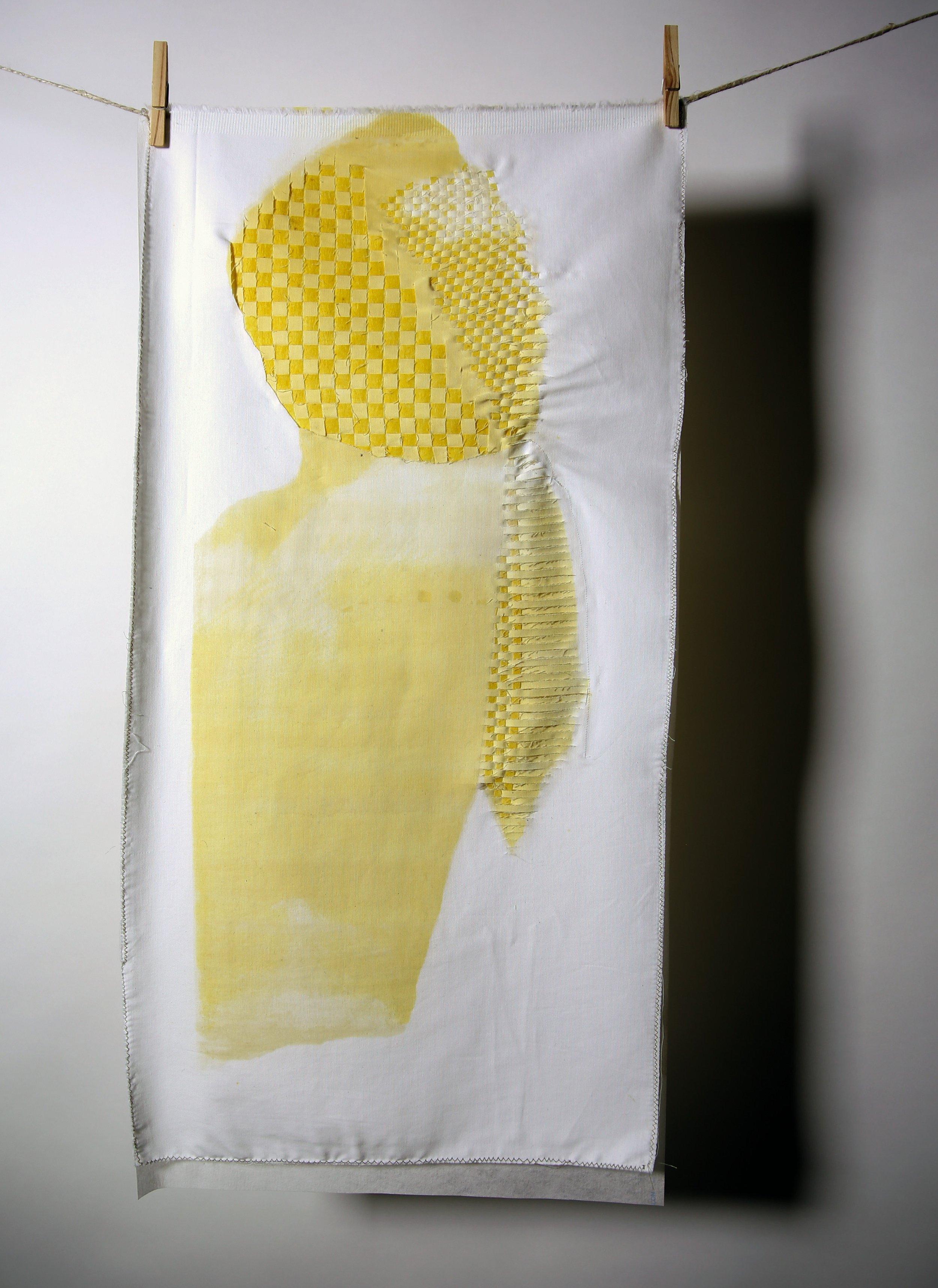    Mango Lassi Self Portrait  , 2019, mango lassi screenprinted &amp; handwoven on cotton fabric, 30” x 15”  
