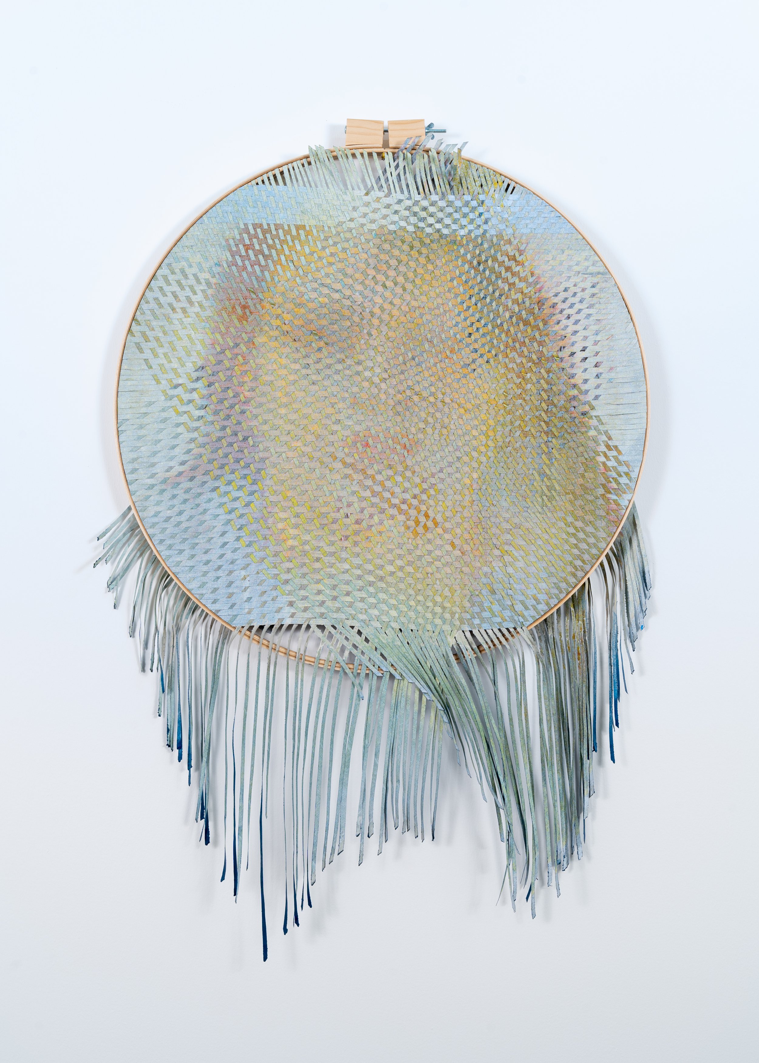    Healing Knot–for Becky &amp; Mom  , Hand cut &amp; woven screenprint on fabric, spray paint, wooden hoop, 37”(h)  x 25”(w) x 1”(d)    Artist Interview with warp and weft magazine  