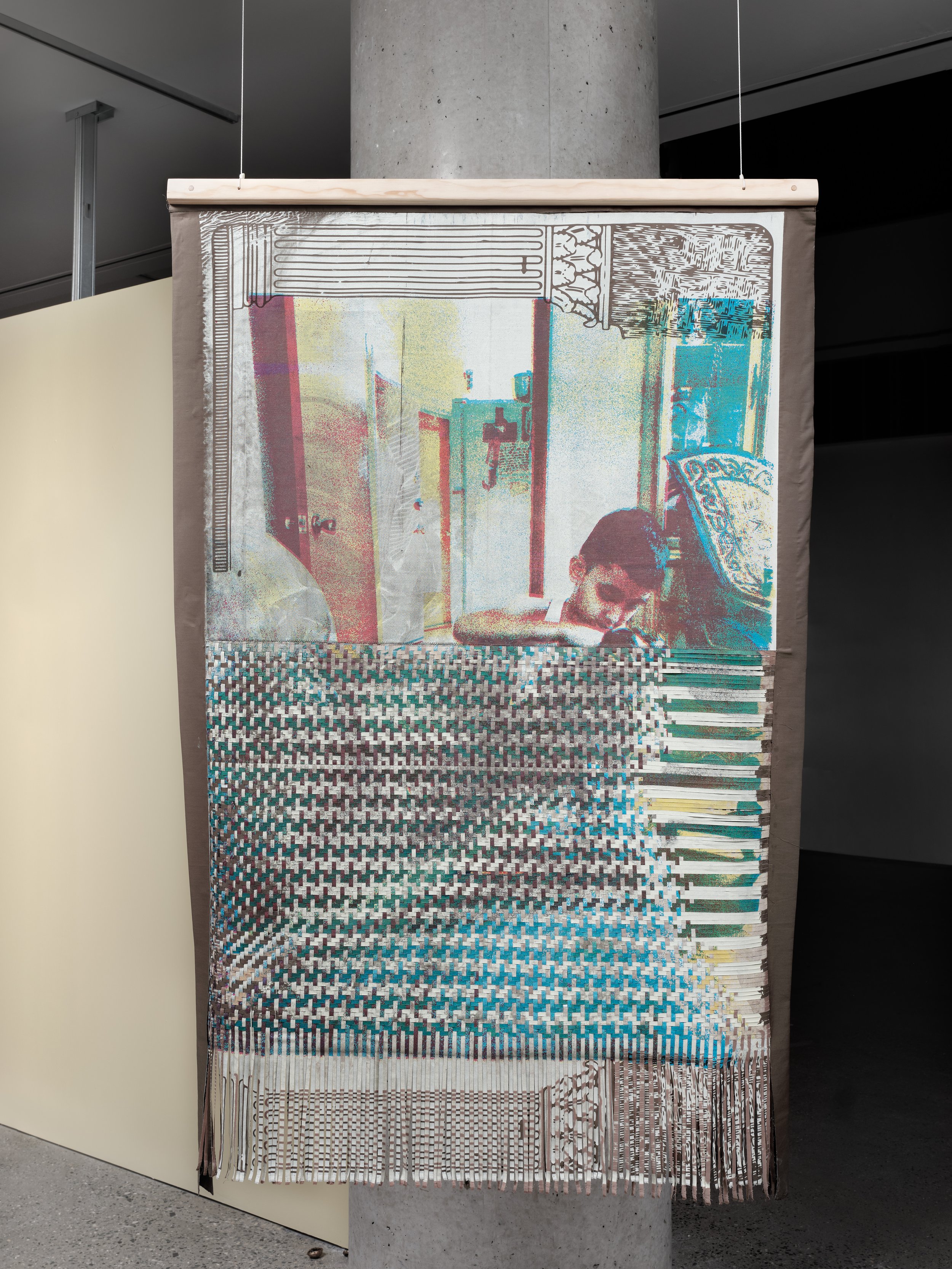    My Adrian No. 1  , 2021, handwoven CMYK screenprint on poly-cotton fabric, wooden dowel, 60” x 45” 