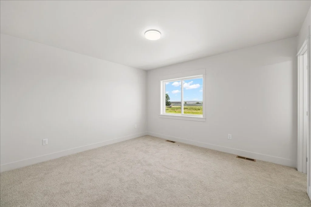 Empty white room with a window overlooking a grassy field and blue sky
