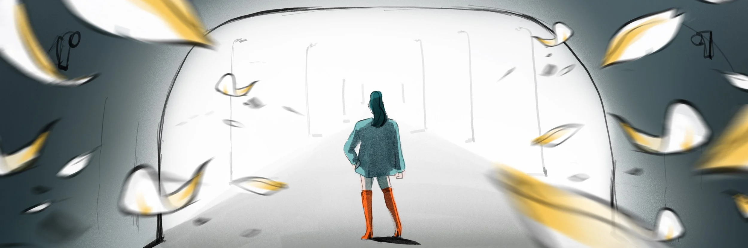 A person stands in a white tunnel, surrounded by flying papers or leaves in motion, with a dark surrounding environment.