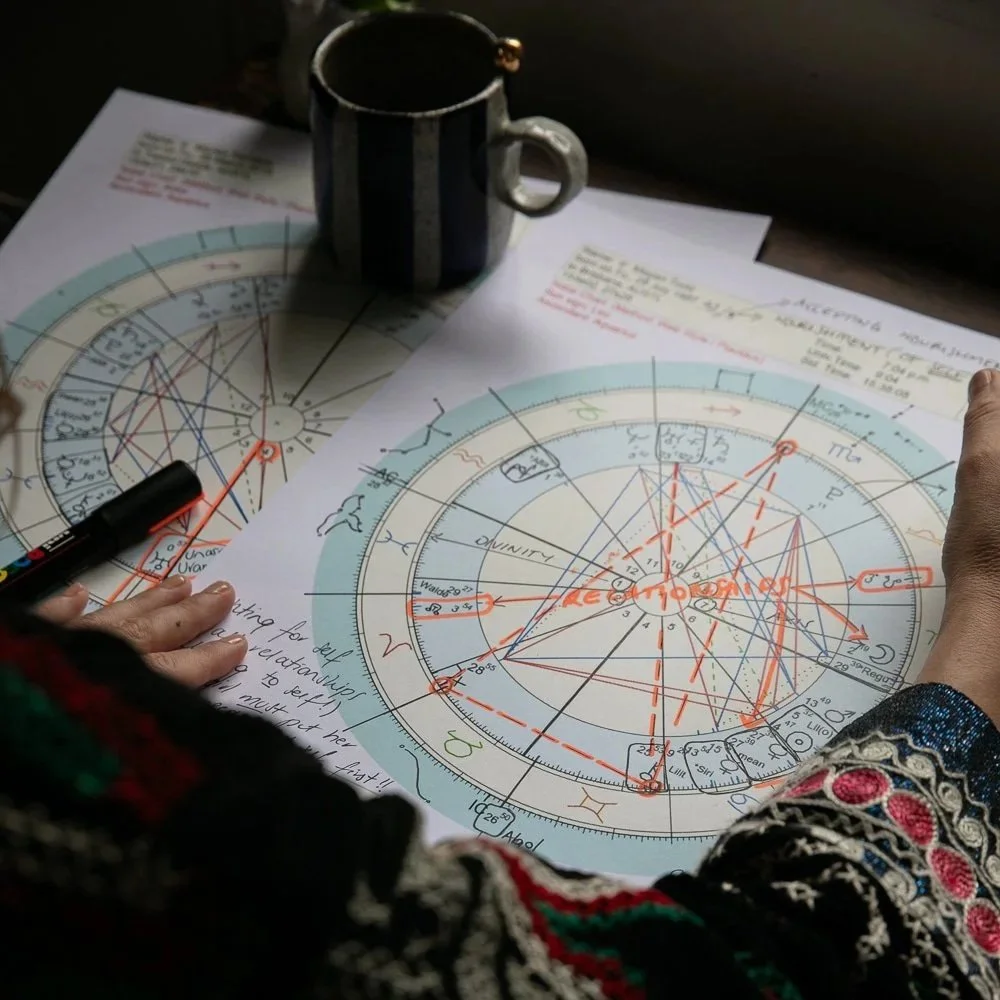 Astrology birth chart and transits chart with hand written notes as Megan Todd analysises the chart