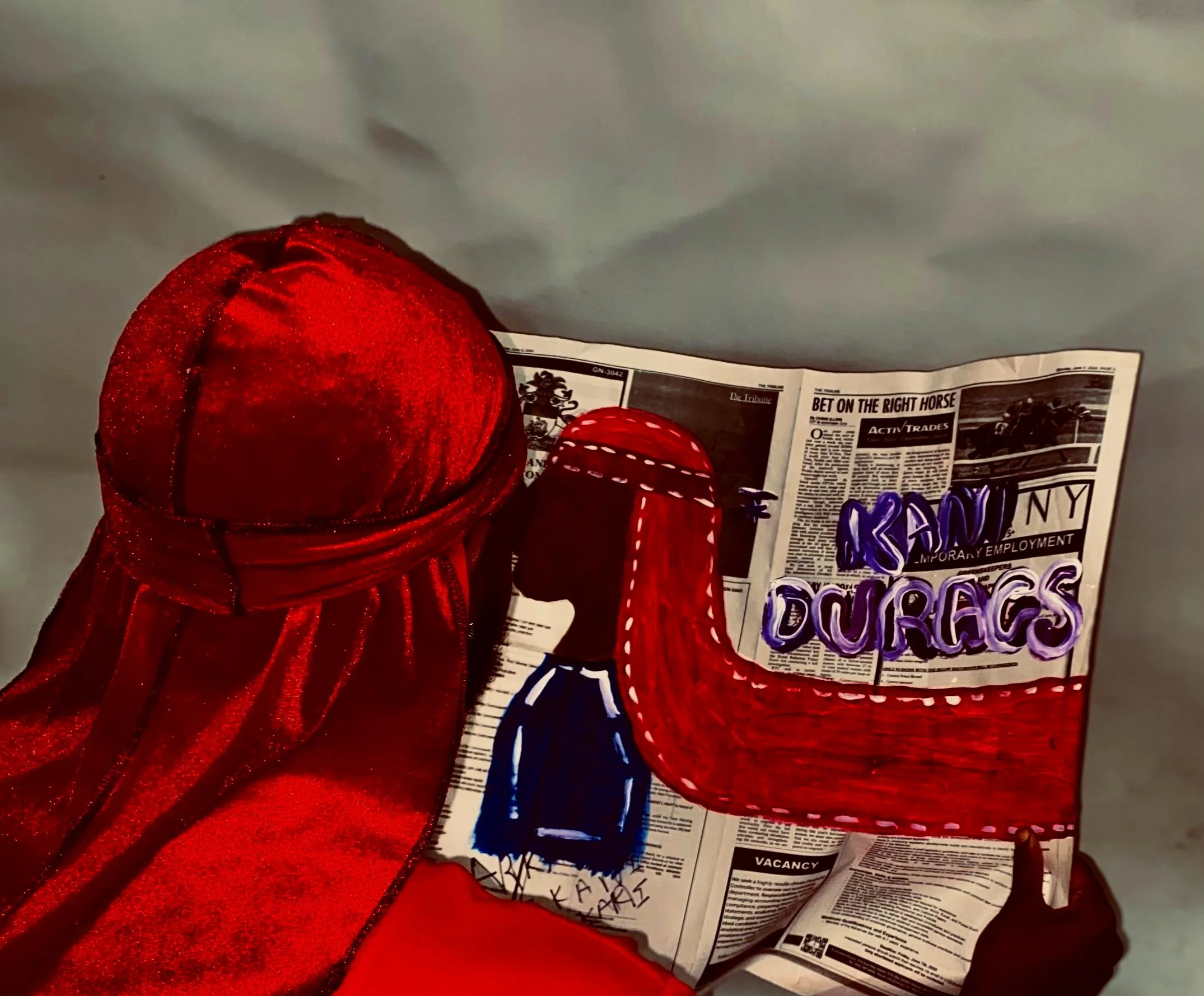 A person dressed in red, wearing a red hat with a veil, is reading a newspaper with a hand pointing to a section featuring city headlines and advertisements. The newspaper has a drawing of a person with long hair in blue, and the words 'KAU DUGACS' are written in bold purple and white letters on a red background.