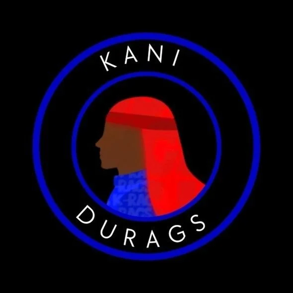 Logo with a side profile silhouette of Kani Durags, featuring a red hair cover and a blue bandana, surrounded by the text 'KANI DURAGS' in white on a black background.