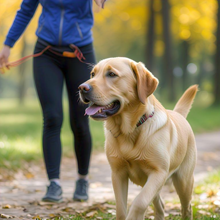 Person walking a yellow Labrador Retriever on a leash in a park with fall leaves.