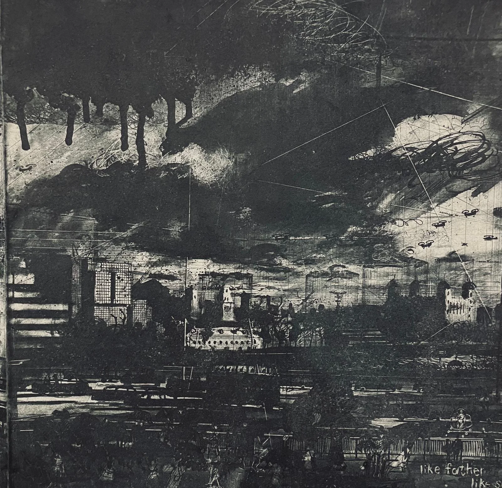 Tom Flint: Multi-plate etching, panoramic view of London Bridge, detailed cityscape with figures and dynamic sky.
