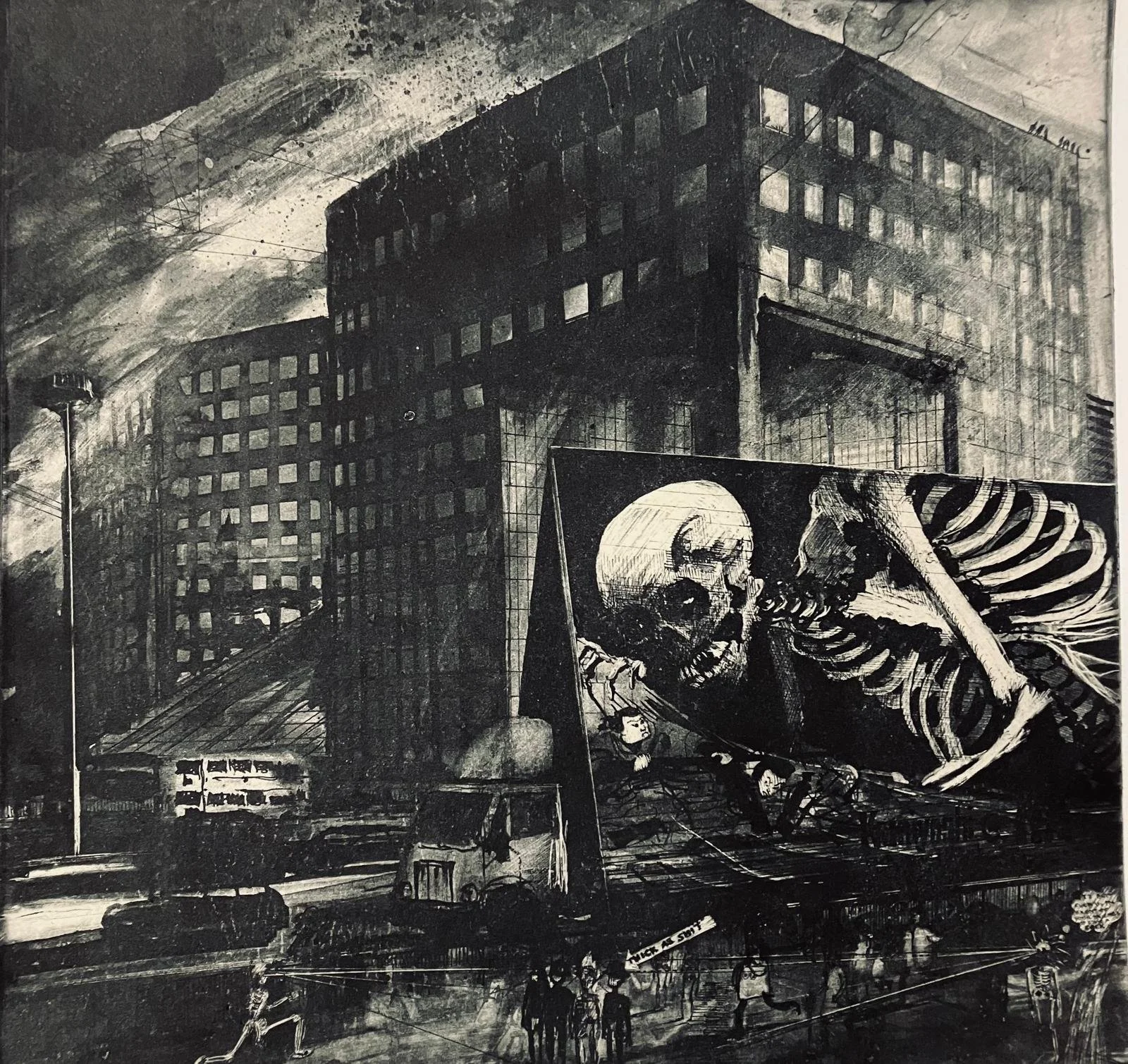 Tom Flint: Multi-plate etching, panoramic view of London Bridge, detailed cityscape with figures and dynamic sky.