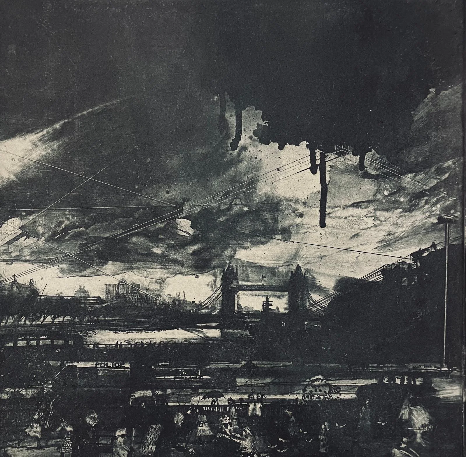 Tom Flint: Multi-plate etching, panoramic view of London Bridge, detailed cityscape with figures and dynamic sky.