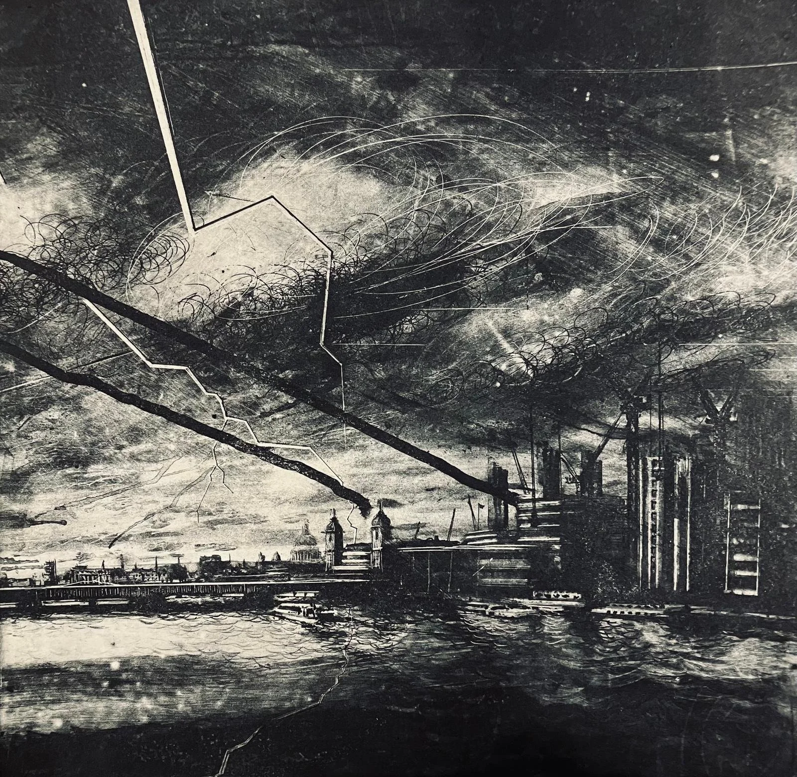 Tom Flint: Multi-plate etching, panoramic view of London Bridge, detailed cityscape with figures and dynamic sky.