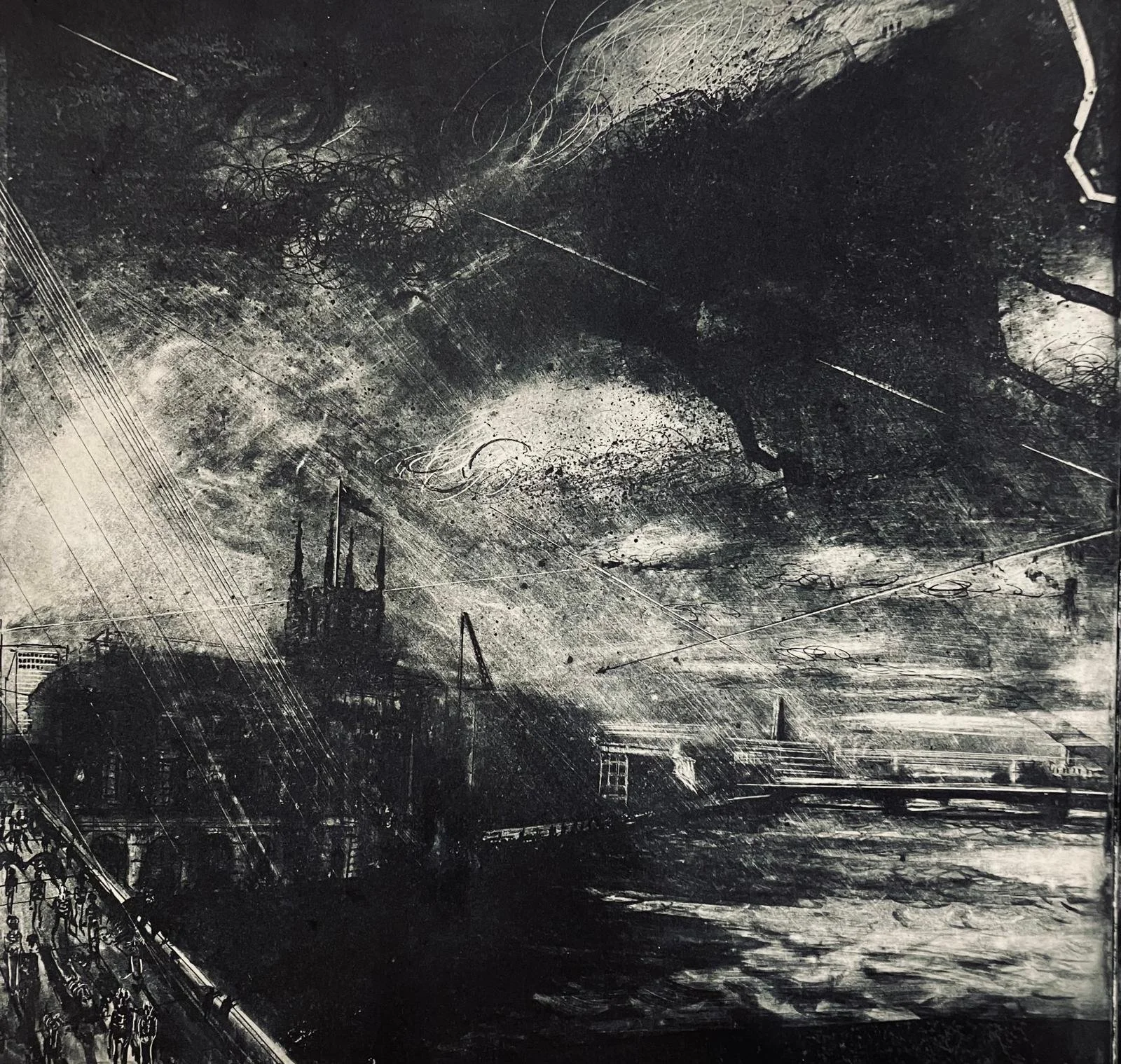 Tom Flint: Multi-plate etching, panoramic view of London Bridge, detailed cityscape with figures and dynamic sky.