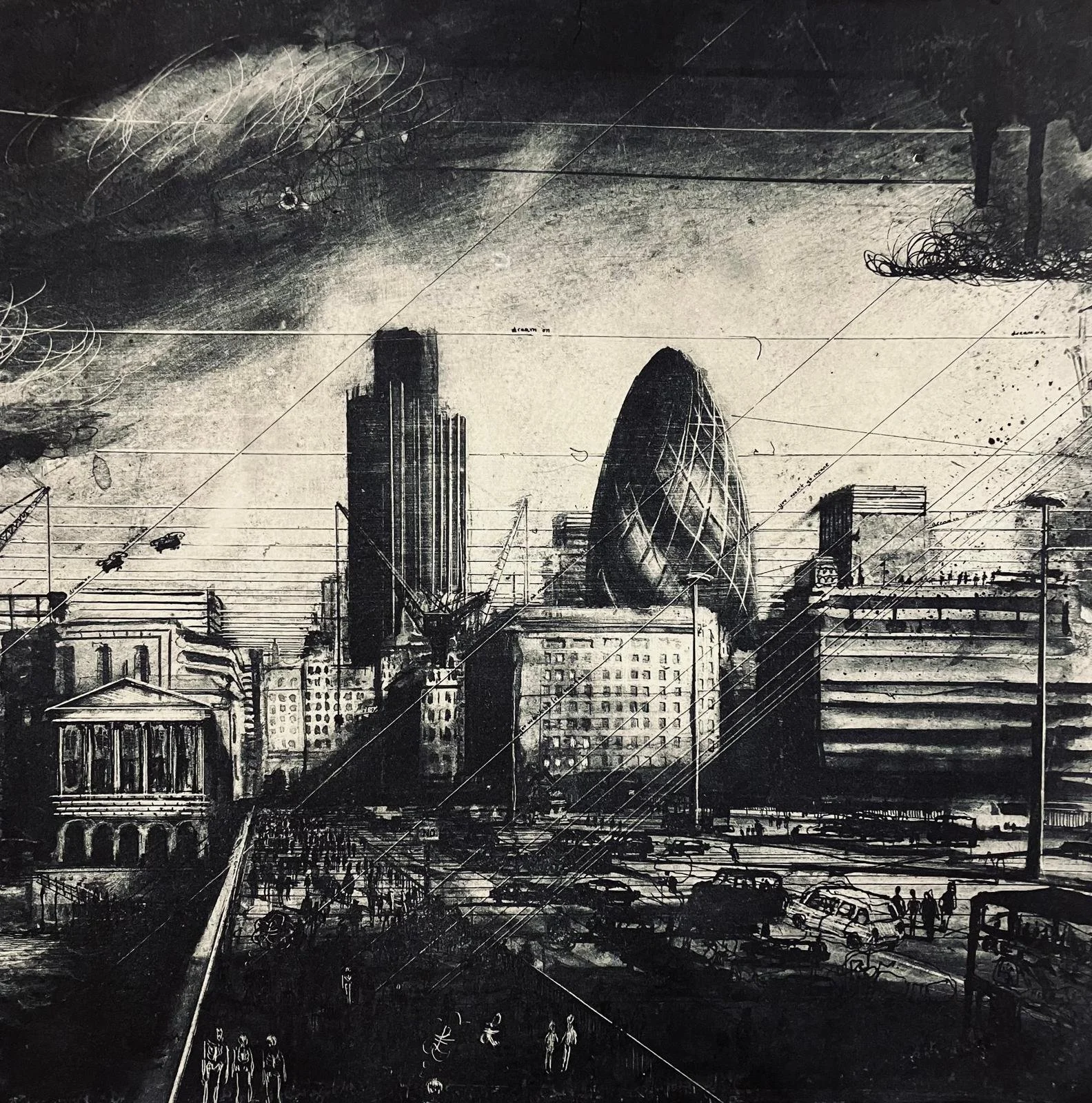 Tom Flint: Multi-plate etching, panoramic view of London Bridge, detailed cityscape with figures and dynamic sky.
